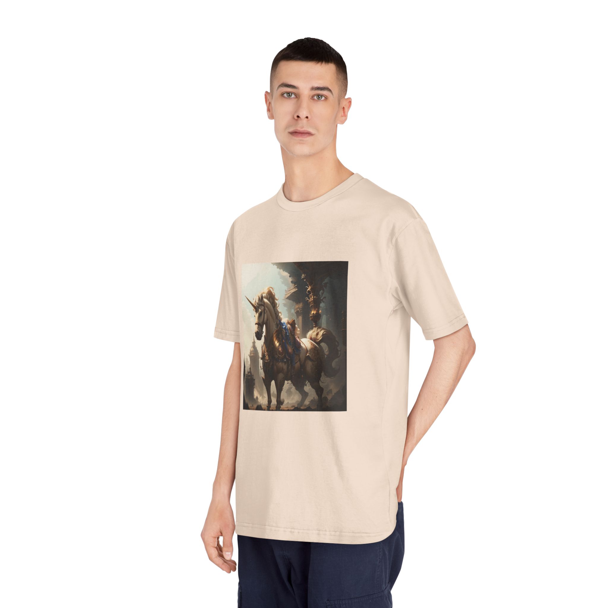 Unicorn With Sword Its Back Is Standing Front Building Unisex Classic Crewneck T Shirt - Image 12
