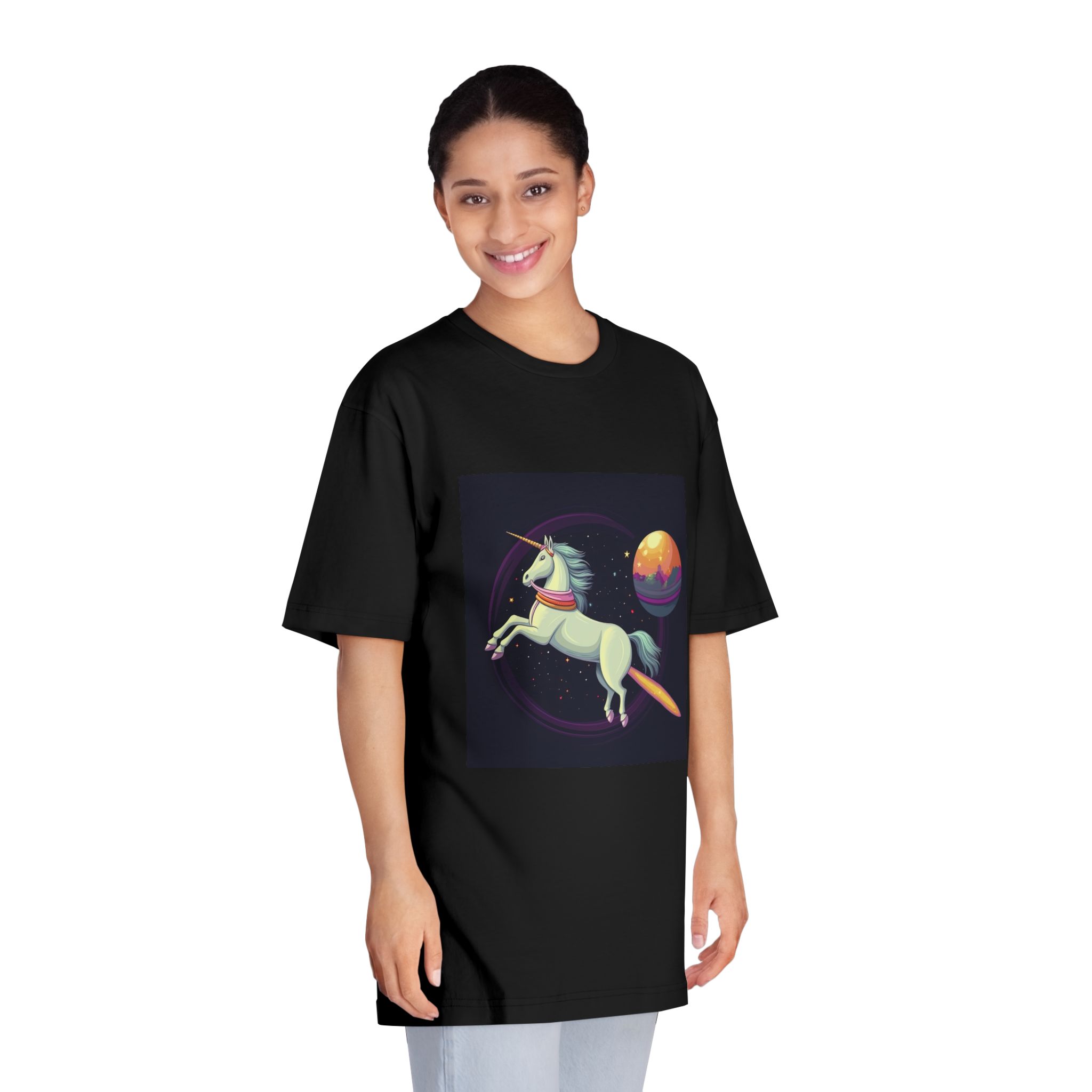 Unicorn With Long Tail Is Flying Through Circle With Moon Stars Unisex Classic Crewneck T Shirt - Image 7