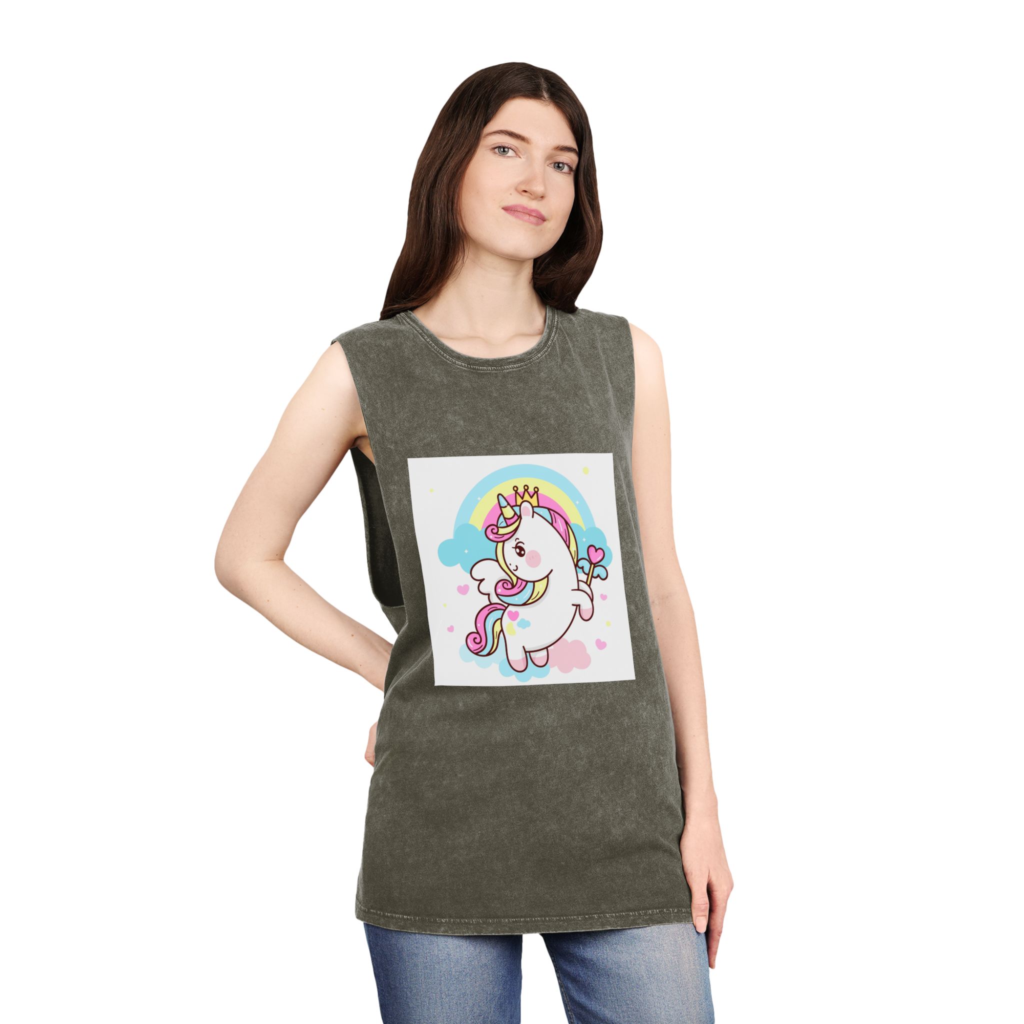 Cute Unicorn Vector Princess Pegasus Holding Heart Magic Wand On Pastel Sky With Sweet Cloud and Heart Pony Cartoon Kawaii Animals Background Unisex Stonewash Tank Top - Image 8