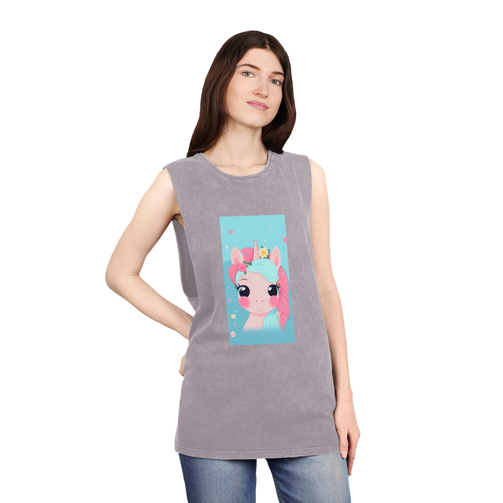 Close Up Cartoon Unicorn With Flower Crown Her Head Generative Ai Unisex Stonewash Tank Top - Image 20