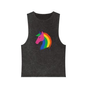 Rainbow Unicorn Head Flat Style Unisex Stonewash Tank Top