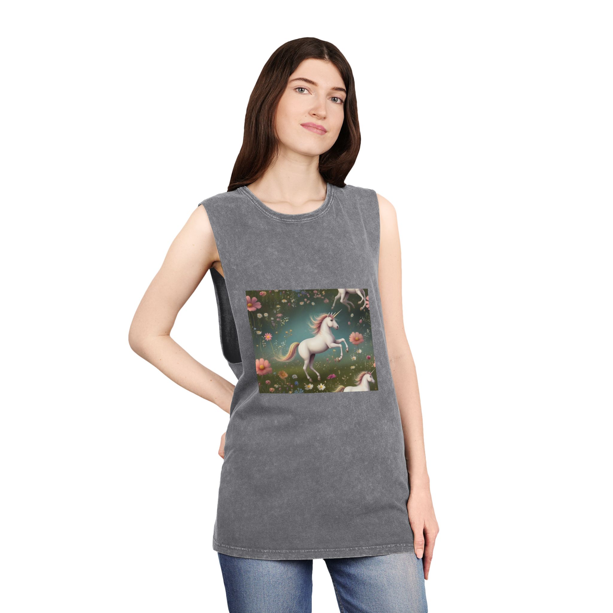 Beautiful Unicorn Running Magical Meadow Unicorn Background Images Whimsical Unicorn (17) Unisex Stonewash Tank Top - Image 12
