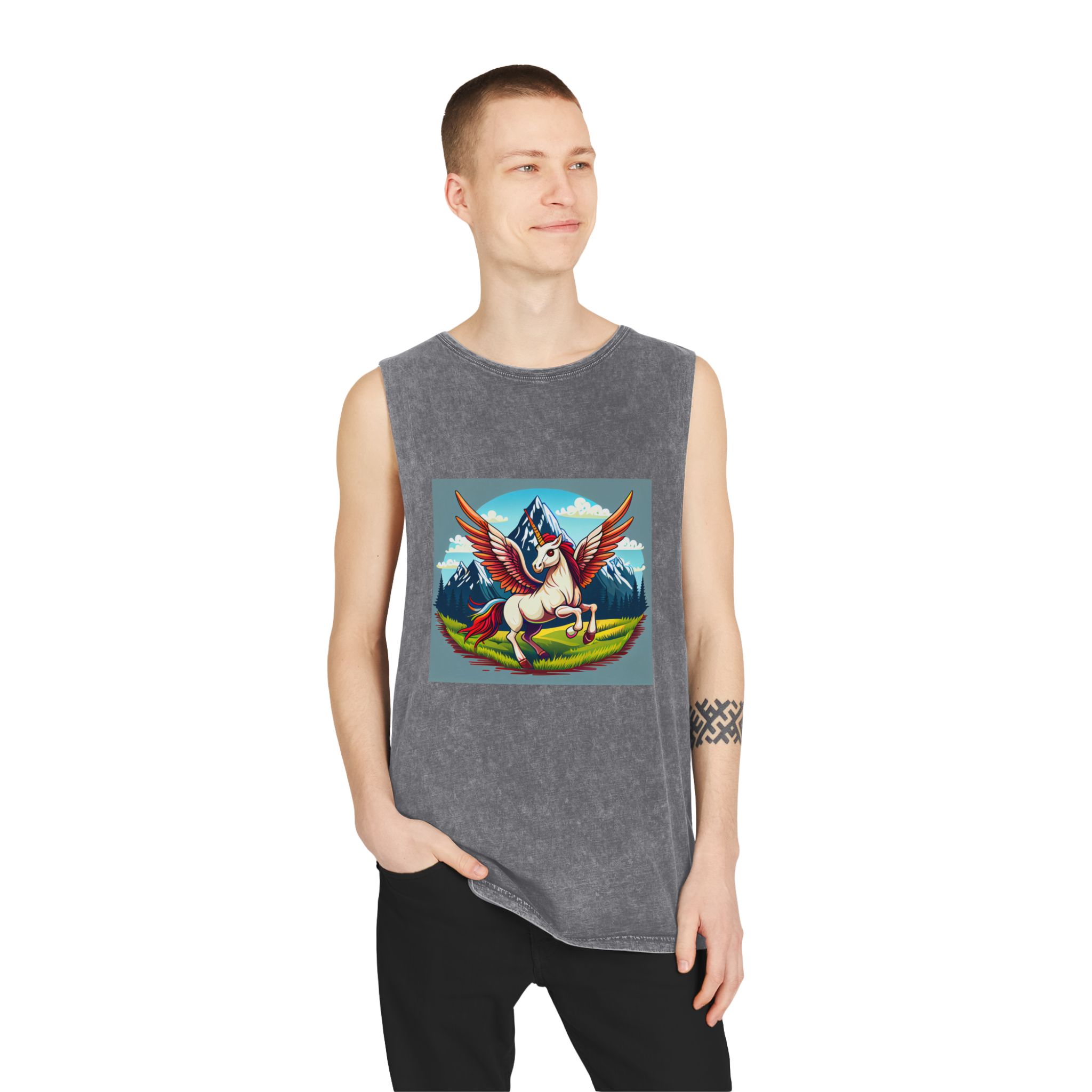 Cartoon Unicorn With Rainbow Wings Top Mountain Background Generative Ai Unisex Stonewash Tank Top - Image 11