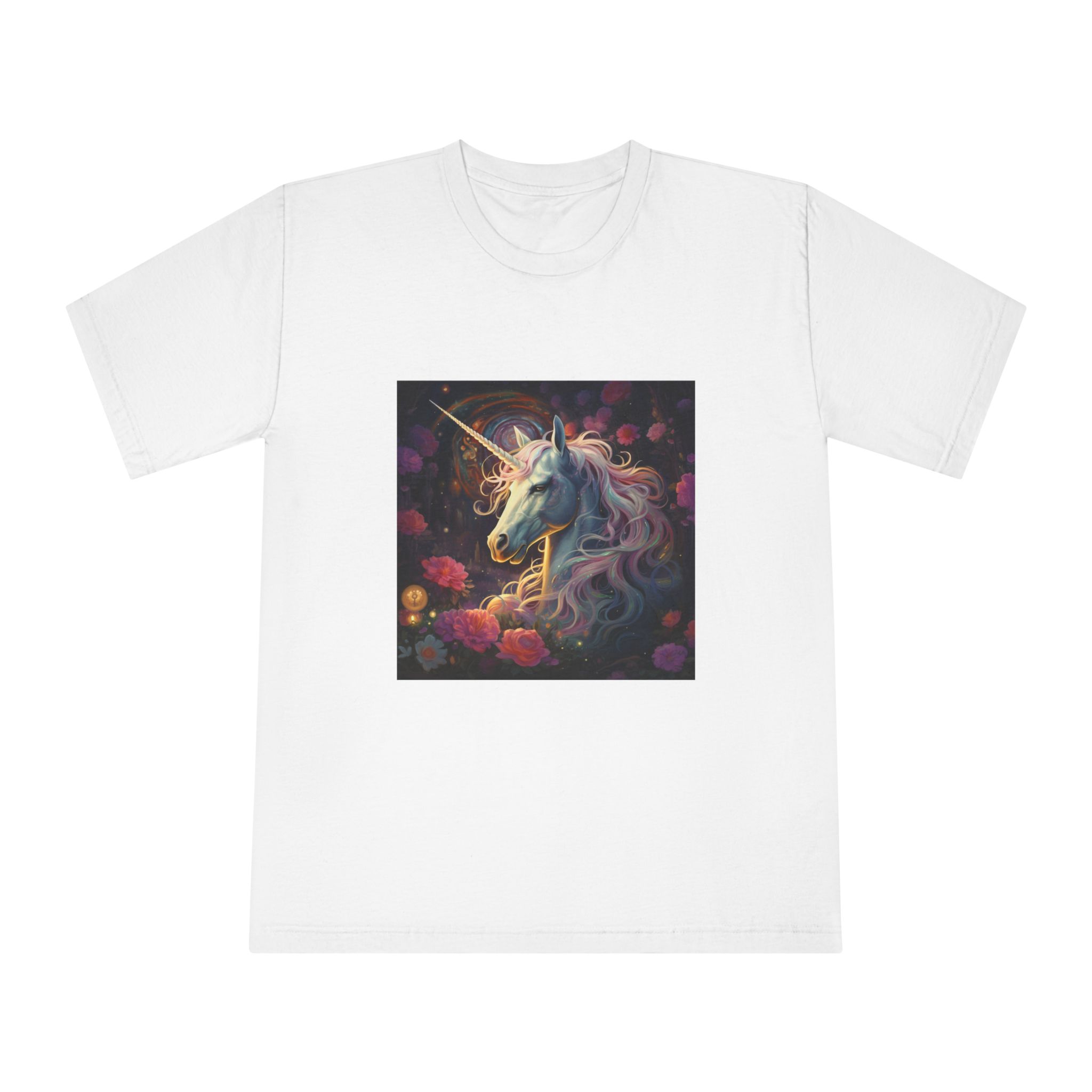 Unicorn With Long Mane Flowers Dark Forest Generative Ai Unisex Classic Crewneck T Shirt
