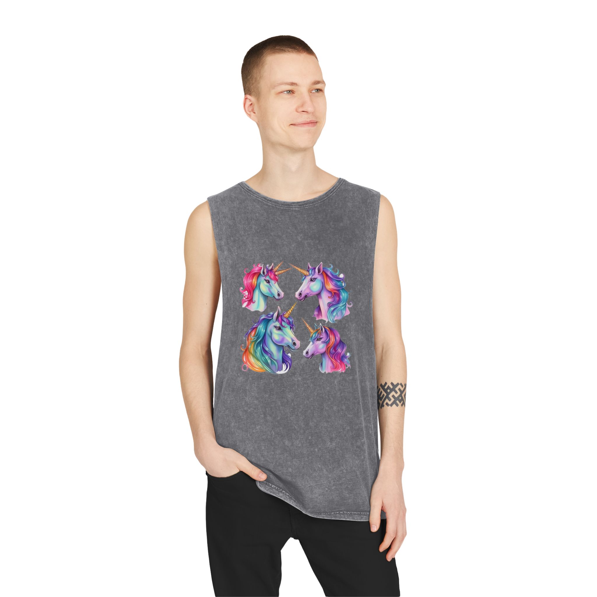 Four Different Colored Unicorns With Long Manes Long Manes Generative Ai Unisex Stonewash Tank Top - Image 11