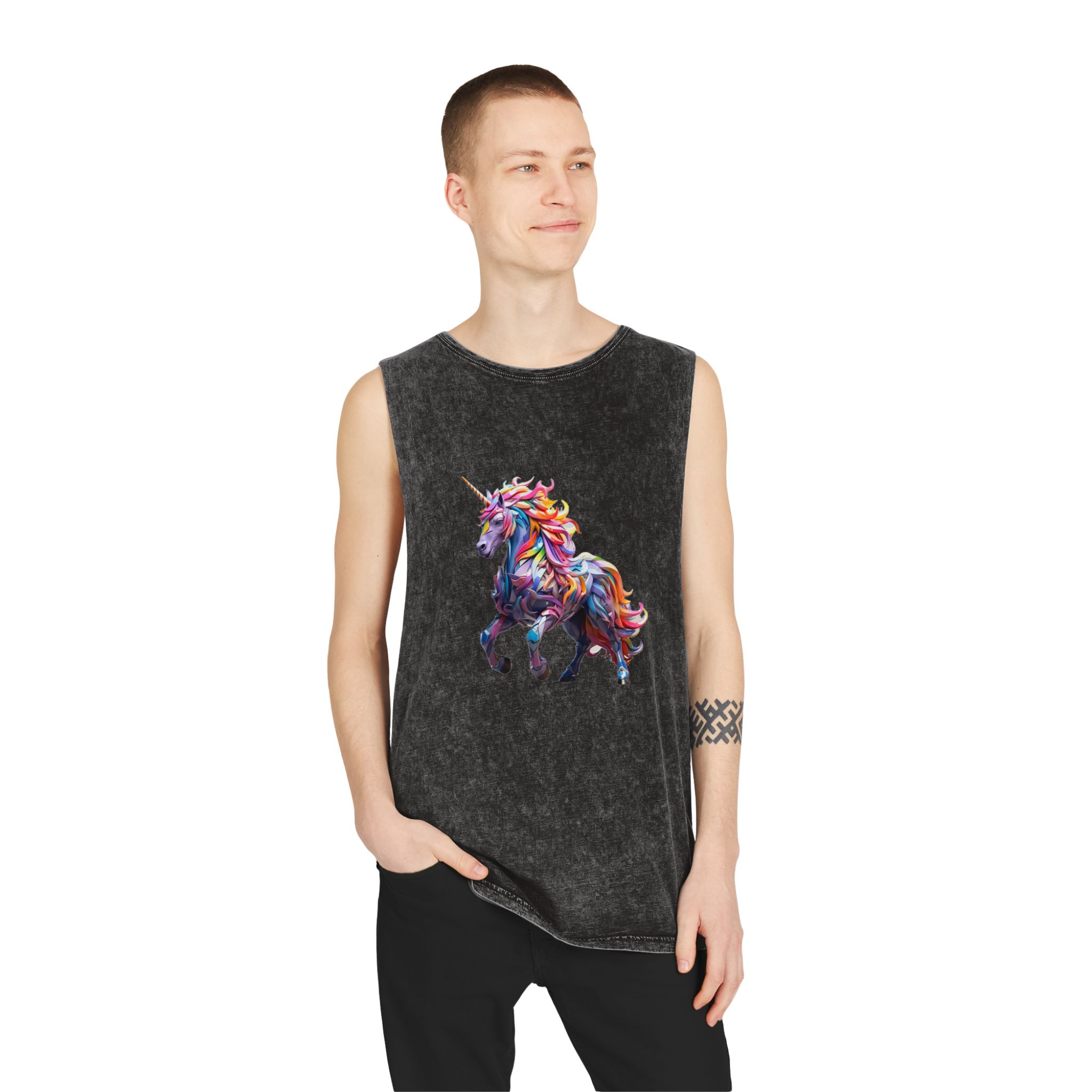 Colorful 3d Mythical Unicorn (4) Unisex Stonewash Tank Top - Image 3