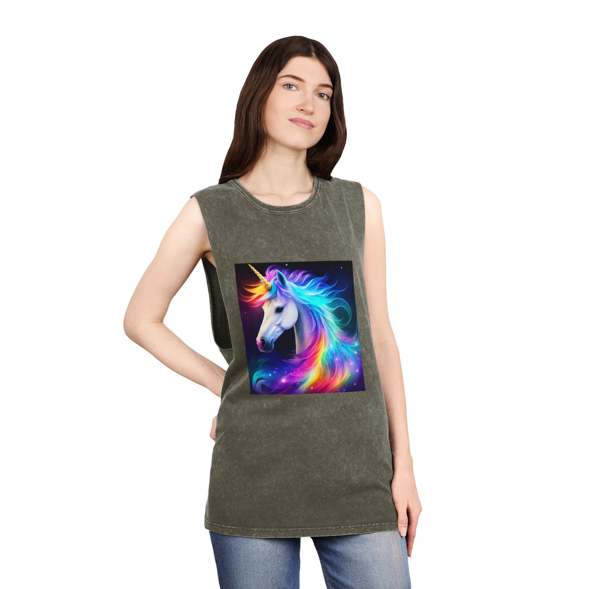 Portrait Unicorn Isolated Stars Background Generative Artificial Intelligence Unisex Stonewash Tank Top - Image 8