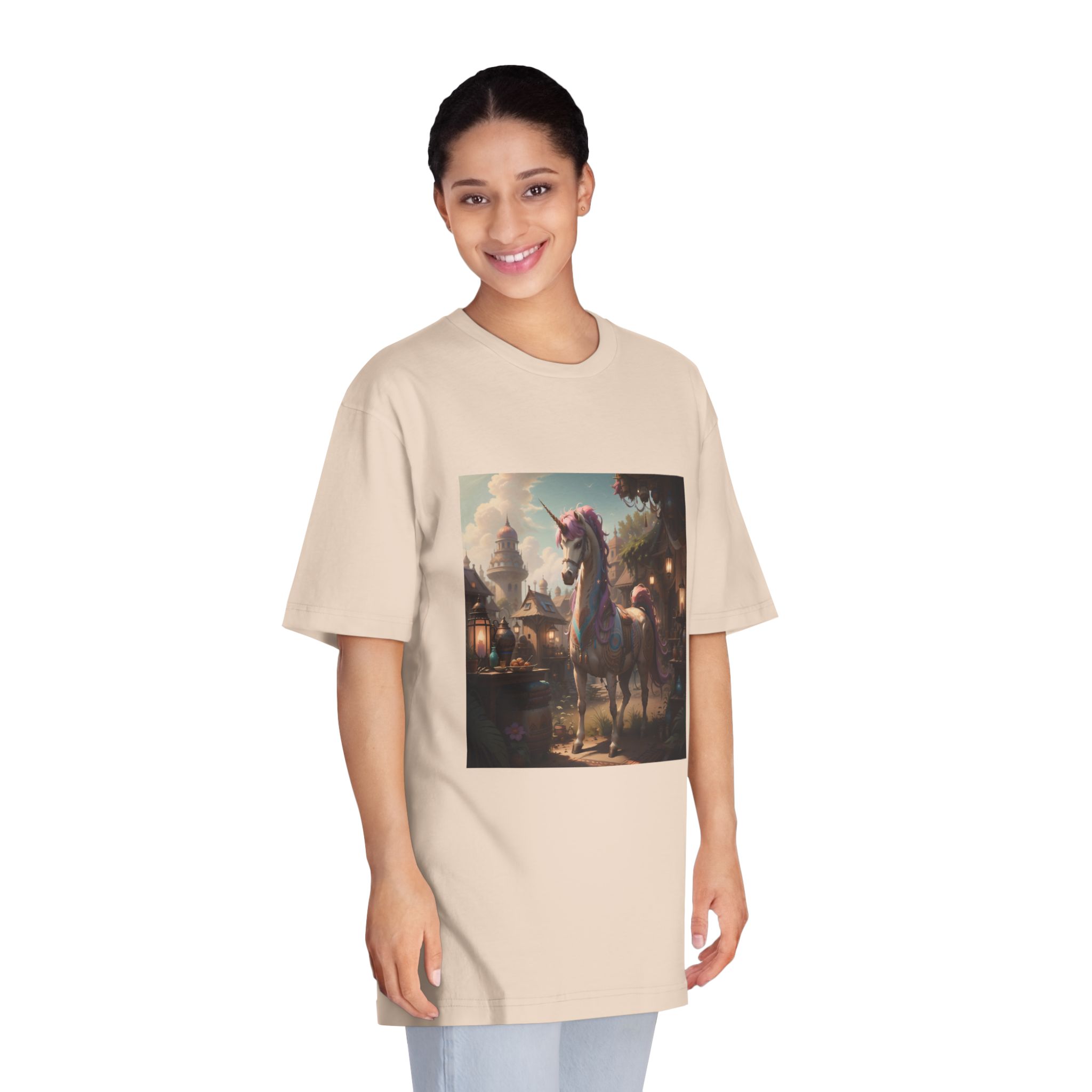 Unicorn With Purple Mane Stands Front Small Town With Lamp Post Unisex Classic Crewneck T Shirt - Image 11