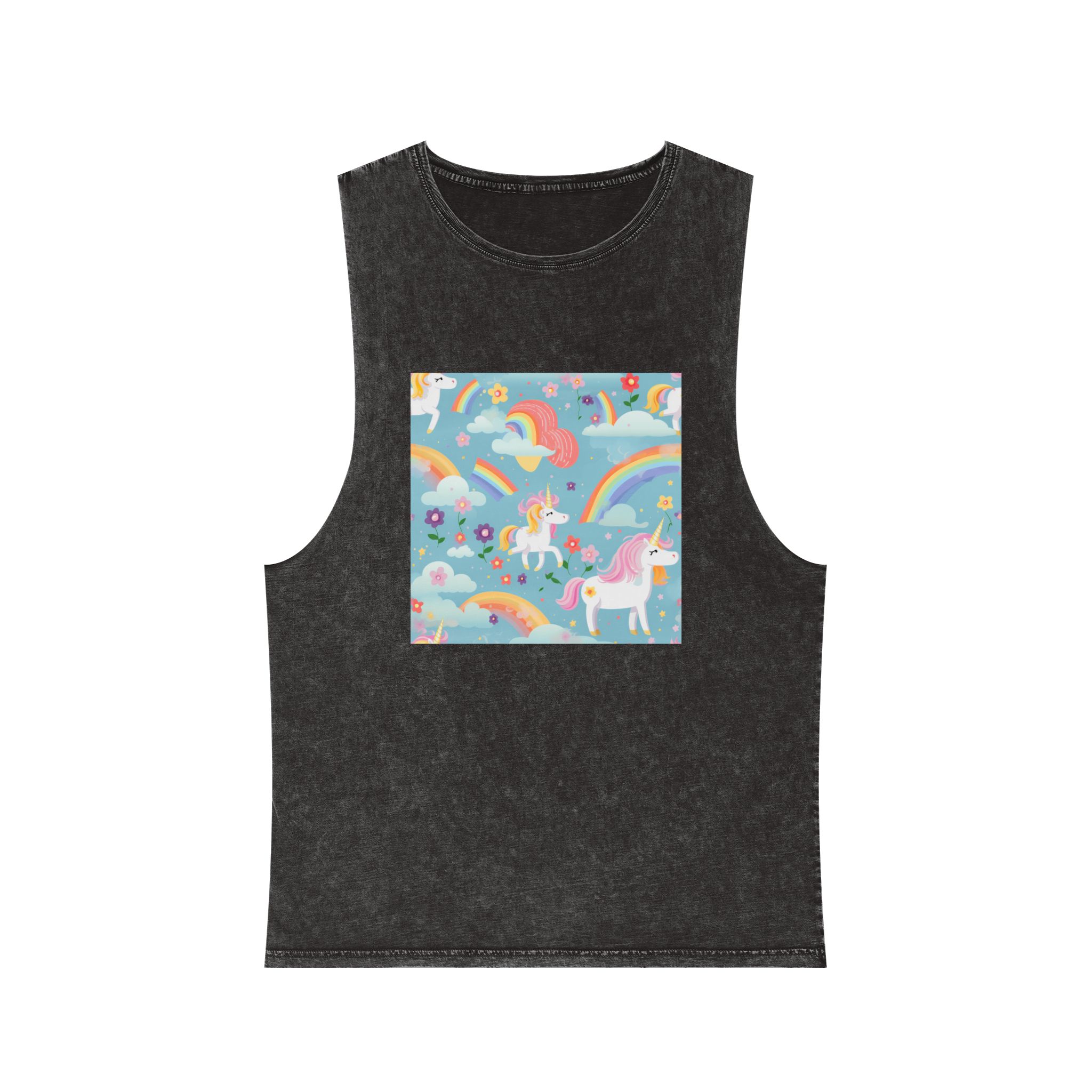 Playful Unicorns Among Flowers Clouds Rainbows Ice Creams Pastel Background (9) Unisex Stonewash Tank Top