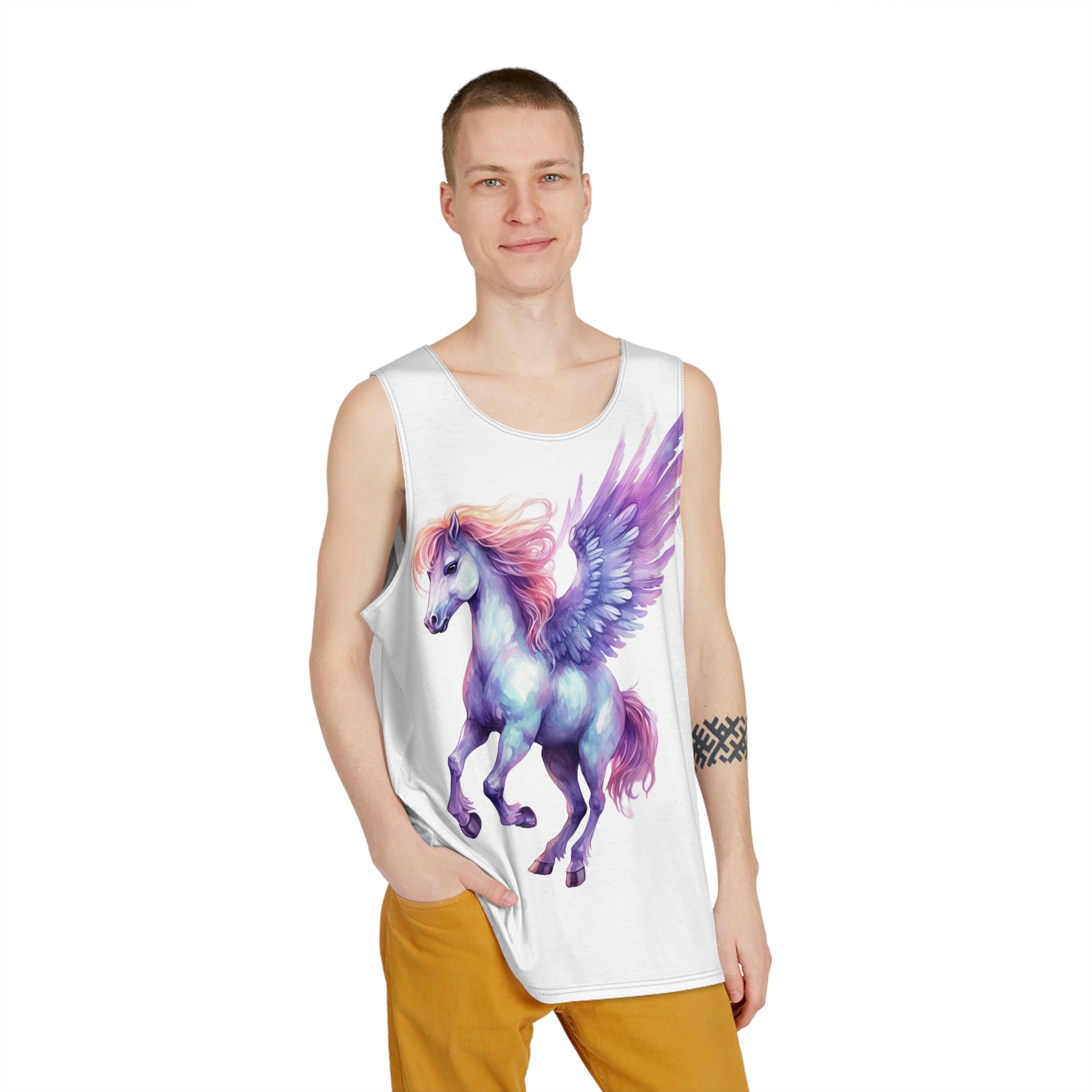 Pegasus Watercolor Clipart Cute Isolated White Background With Generative Ai Technology Mens Tank Aop - Image 3