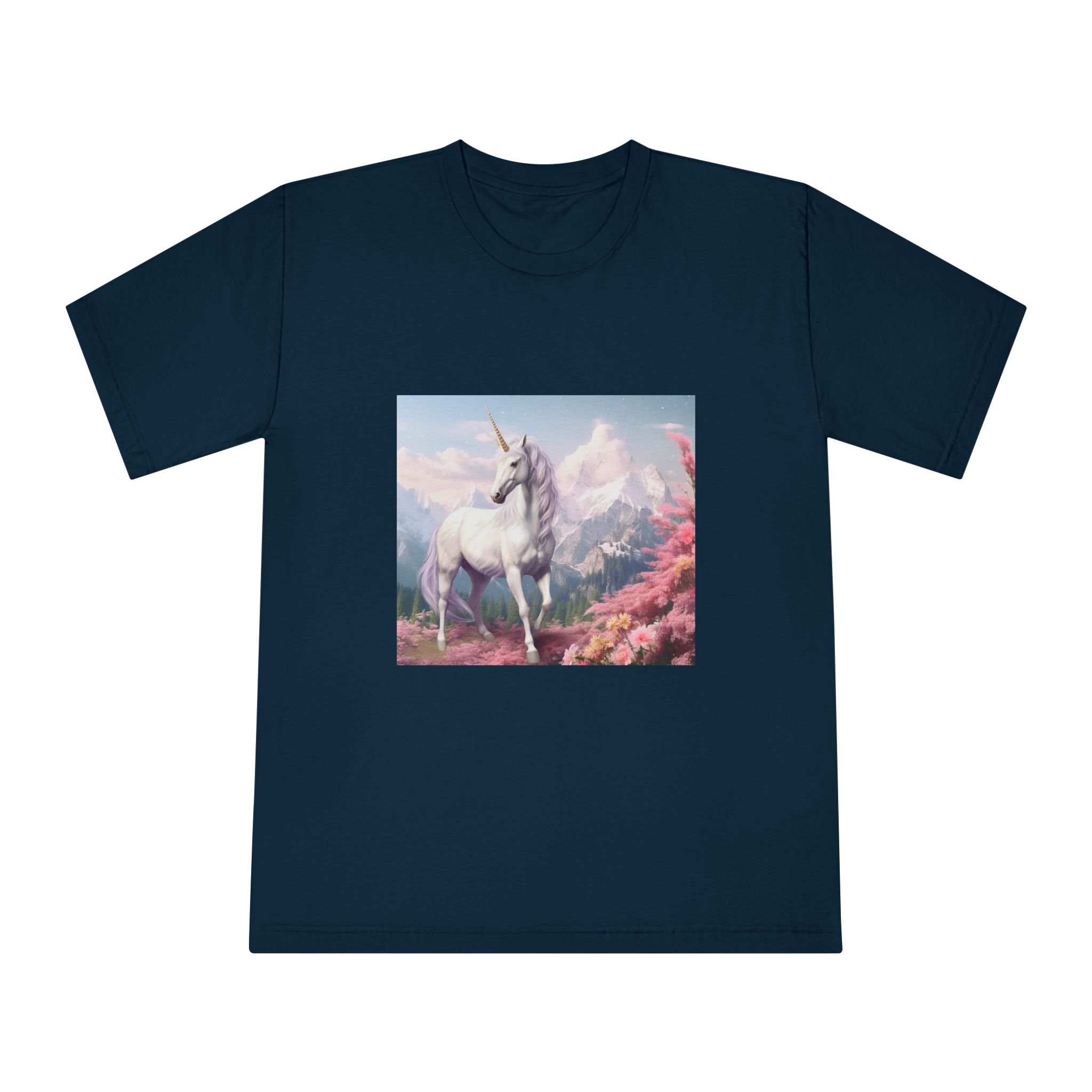 Unicorn Standing Field Flowers With Mountains Background Generative Ai Unisex Classic Crewneck T Shirt - Image 17