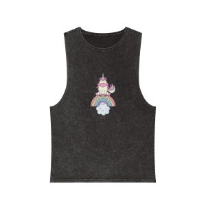 Cute Adorable Unicorn With Clouds Rainbow Unisex Stonewash Tank Top