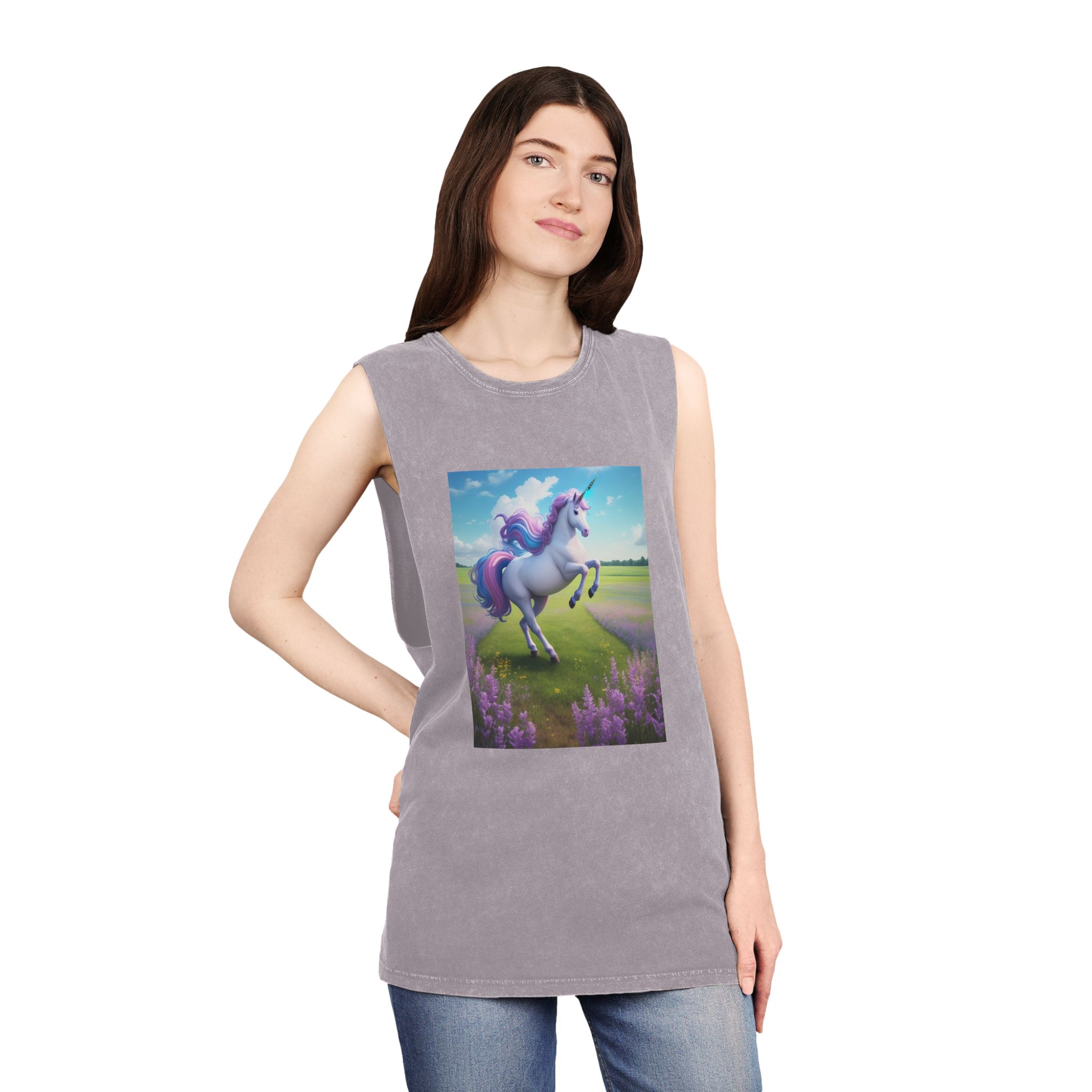 Beautiful Unicorn Running Magical Meadow Unicorn Background Images Whimsical Unicorn (24) Unisex Stonewash Tank Top - Image 20