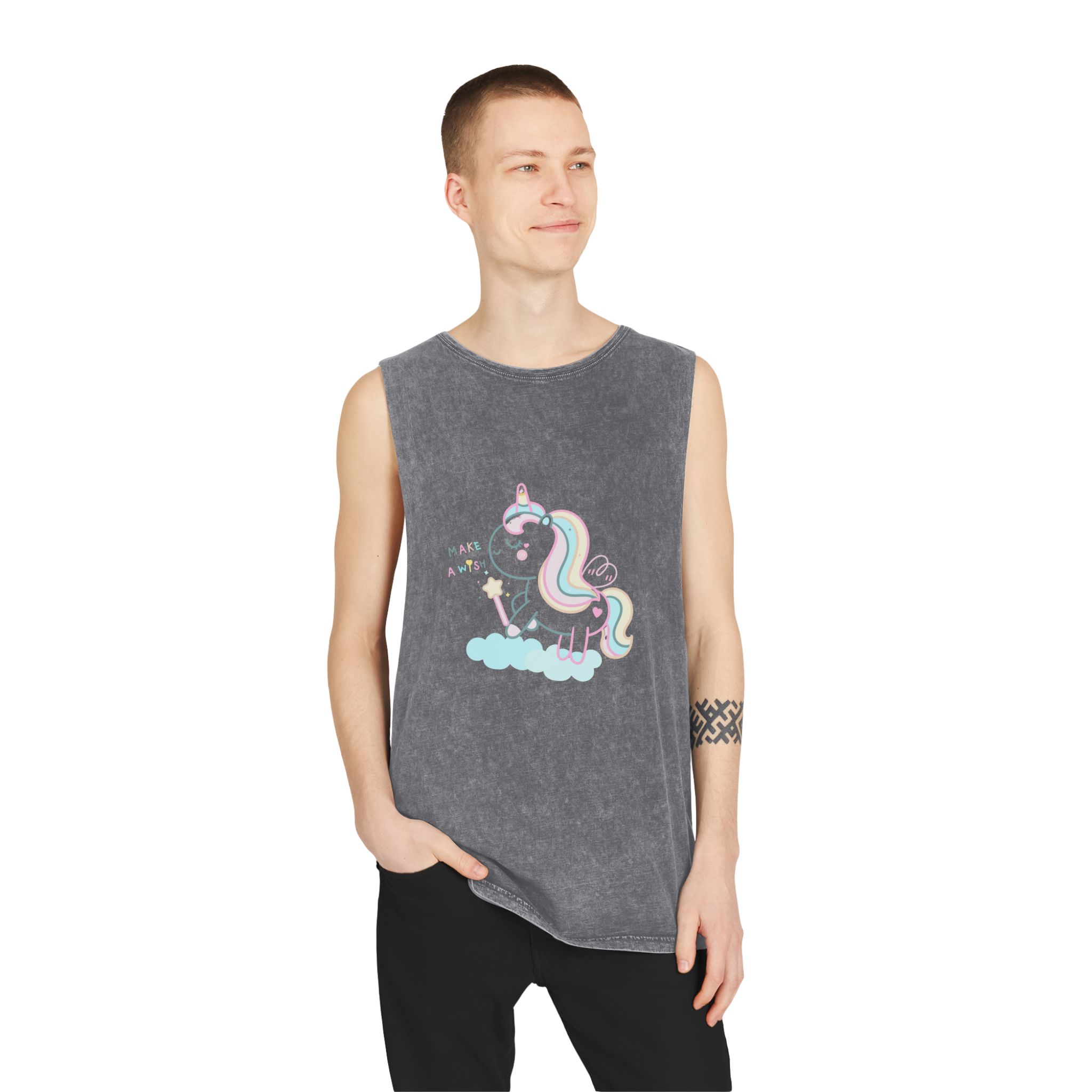 Cute Unicorn Pastel Holding Magic Wand Unisex Stonewash Tank Top - Image 11