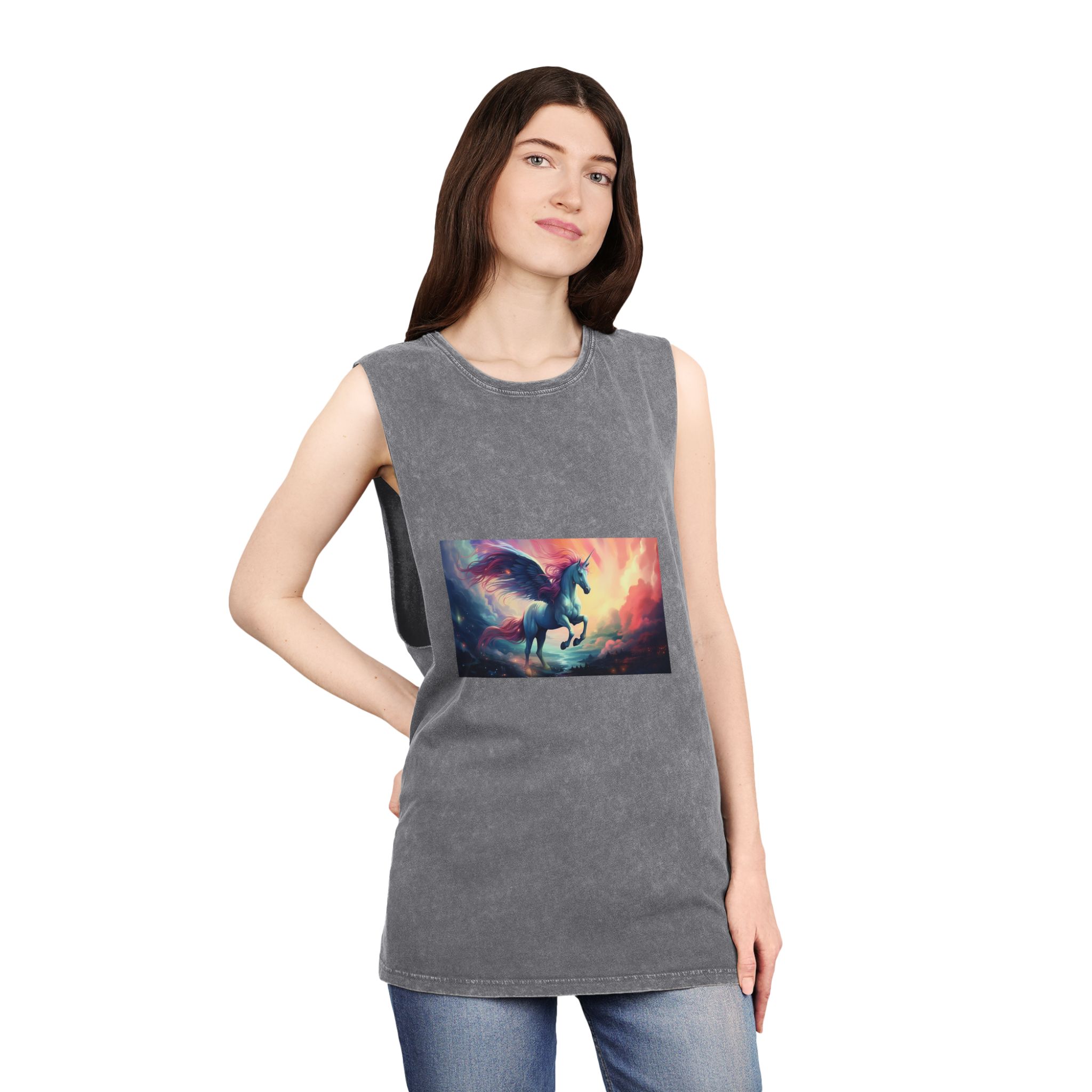 Painting Unicorn With Wings Flying Lake Generative Ai Unisex Stonewash Tank Top - Image 12