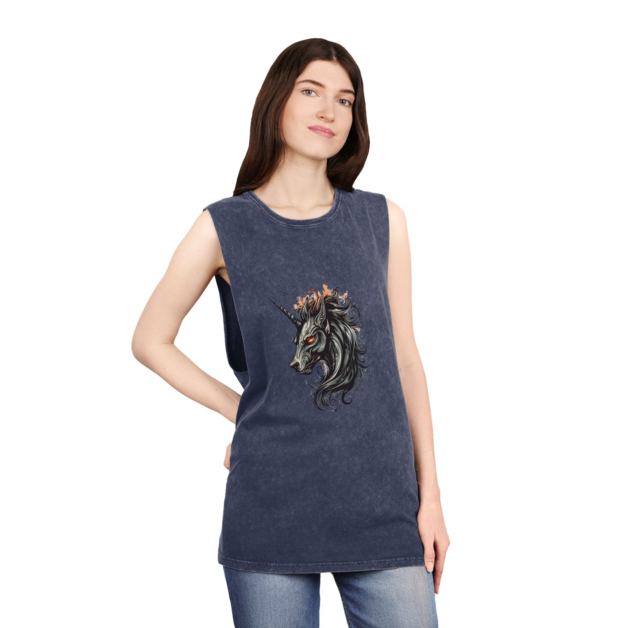 Unicorn Head Tshirt Tattoo Design Dark Art Illustration Isolated White (3) Unisex Stonewash Tank Top - Image 16