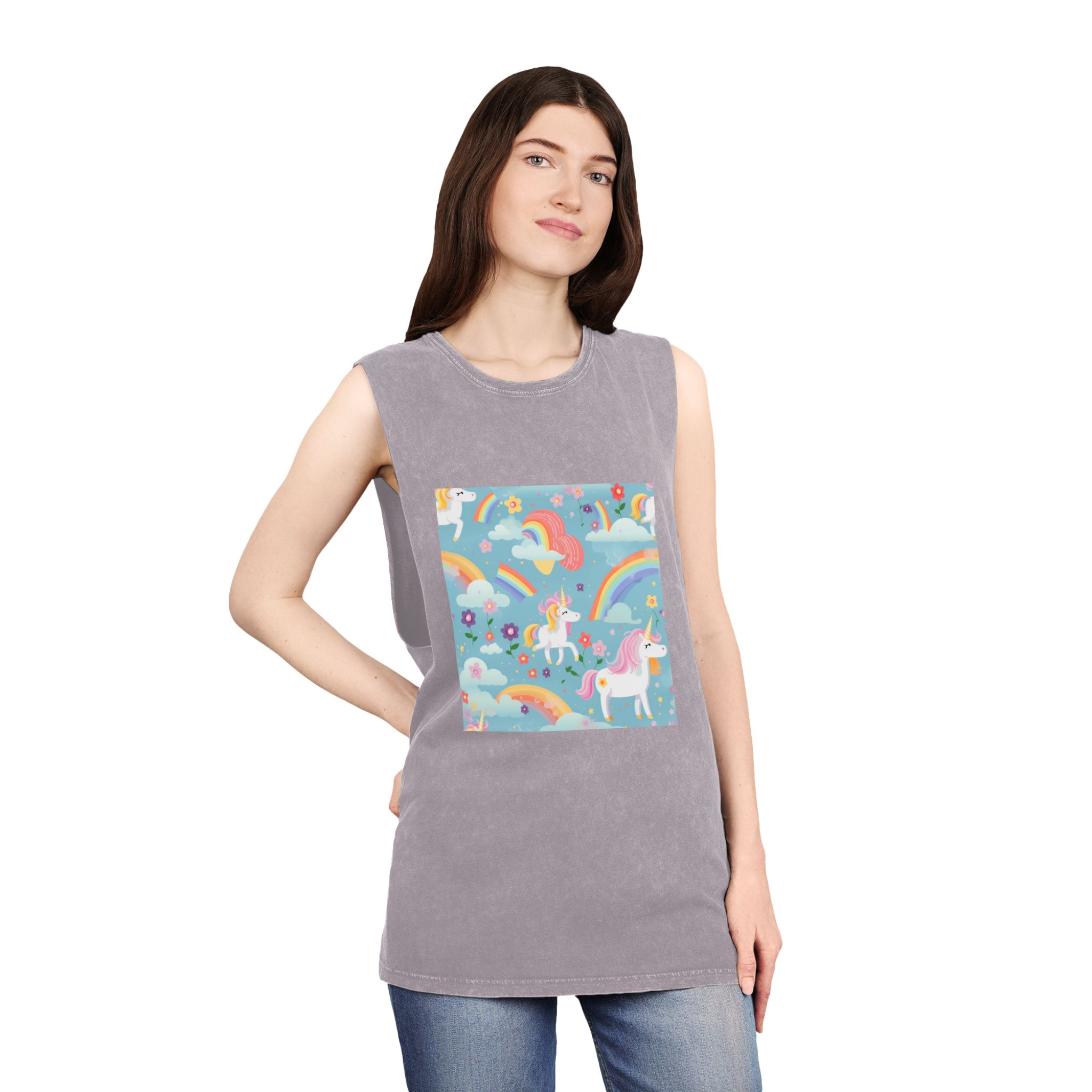 Playful Unicorns Among Flowers Clouds Rainbows Ice Creams Pastel Background (9) Unisex Stonewash Tank Top - Image 20
