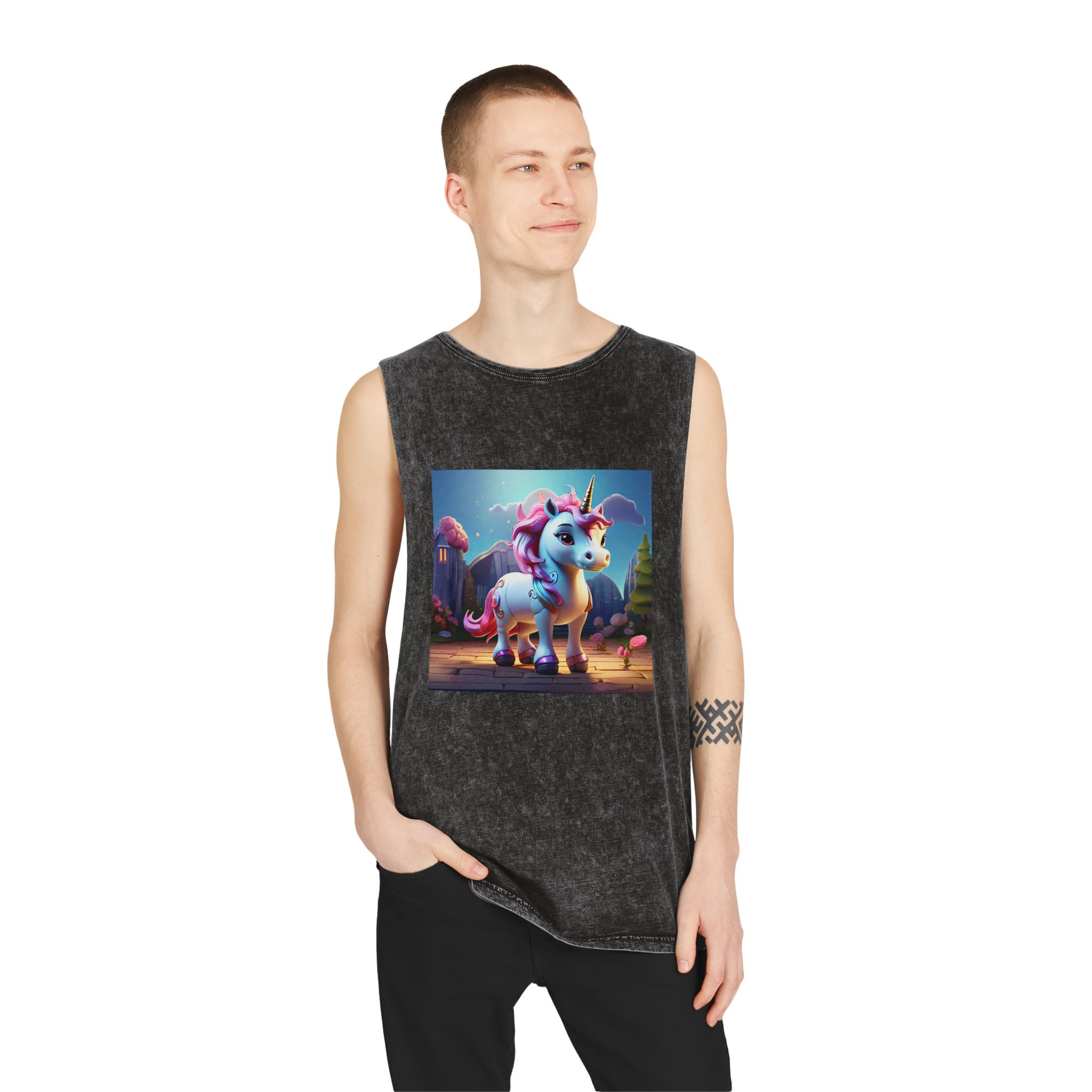 Animated Unicorn Children Generated By Ai (8) Unisex Stonewash Tank Top - Image 3