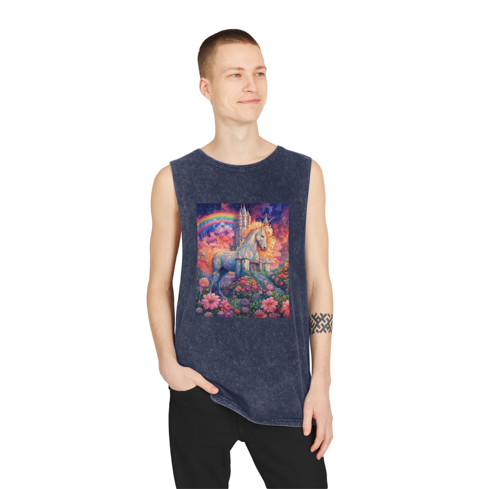 Painting Unicorn Field Flowers With Castle Background Generative Ai Unisex Stonewash Tank Top - Image 15