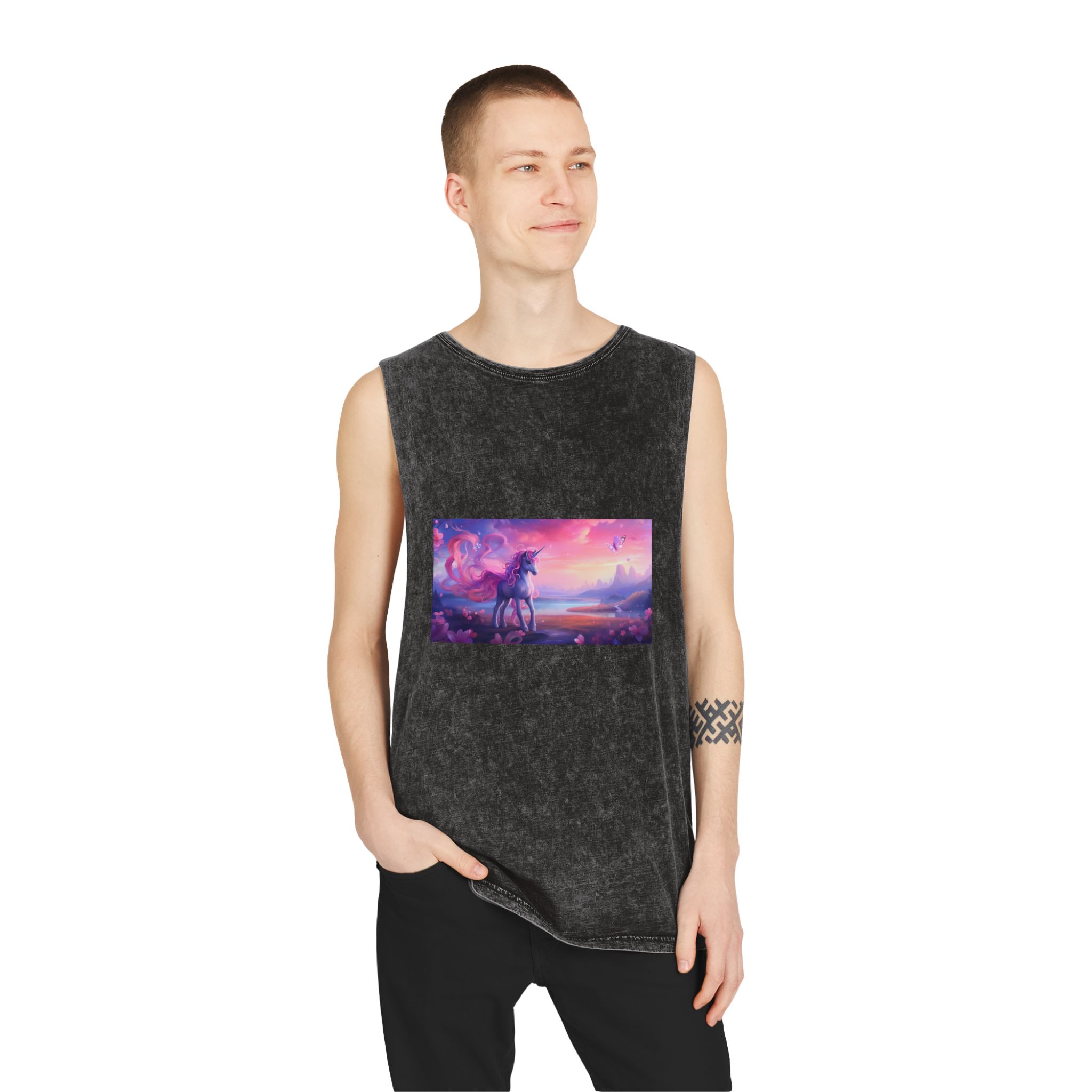 Unicorn Standing Field Flowers With Butterflies Flying Around Generative Ai Unisex Stonewash Tank Top - Image 3