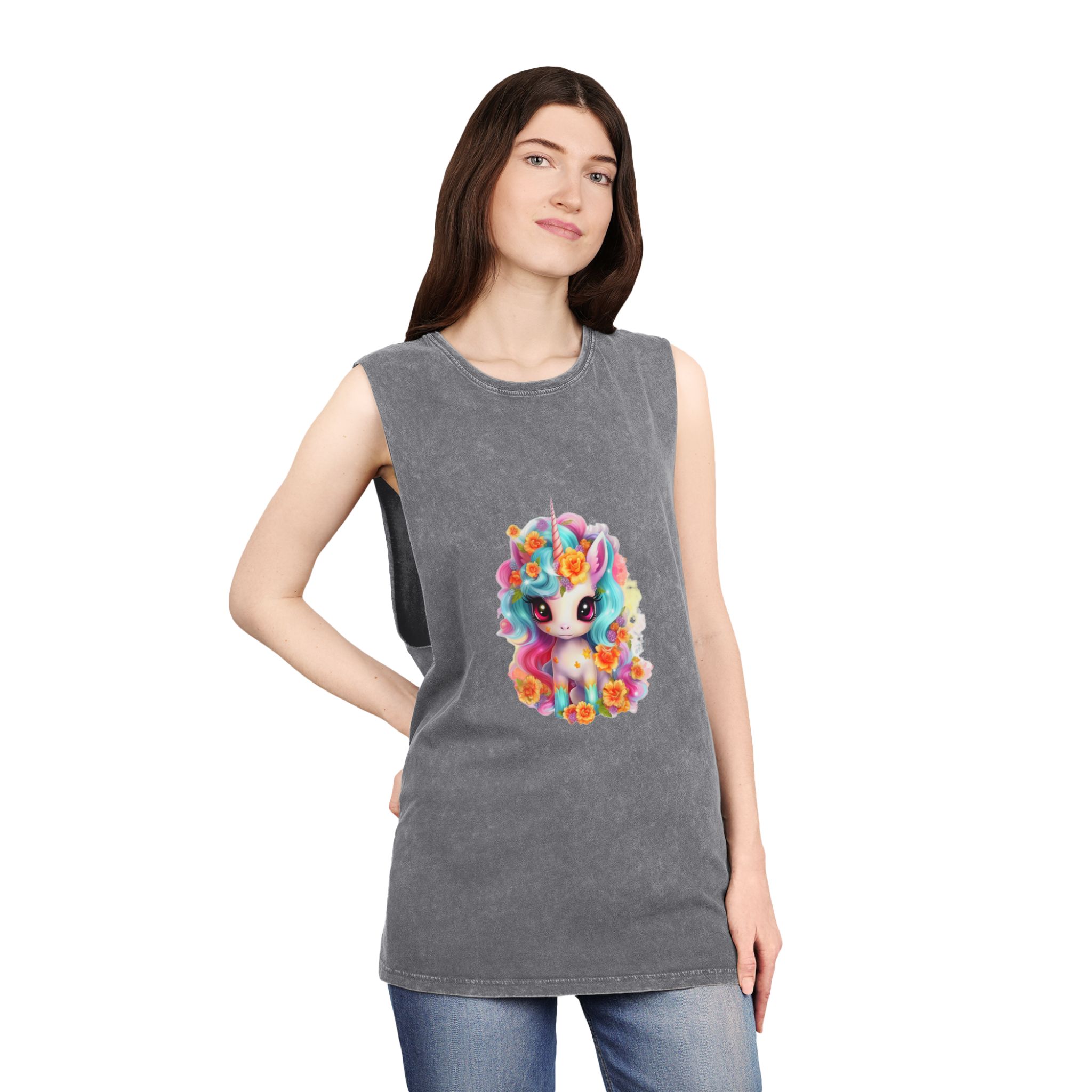 Illustration Unicorn Cartoon With Flower White Background Generative Ai (2) Unisex Stonewash Tank Top - Image 12