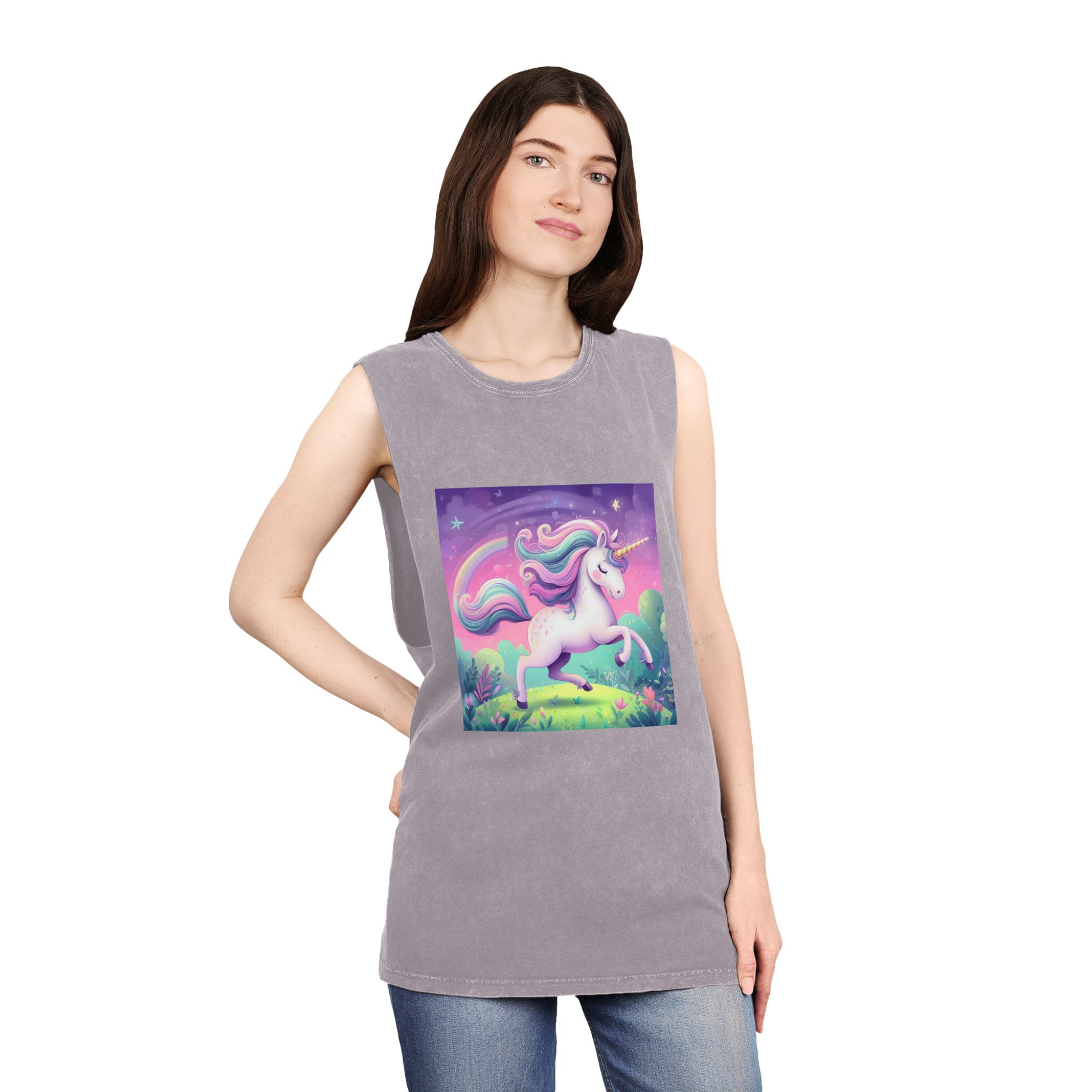 Beautiful Unicorn Running Magical Meadow Unicorn Background Images Whimsical Unicorn (12) Unisex Stonewash Tank Top - Image 20