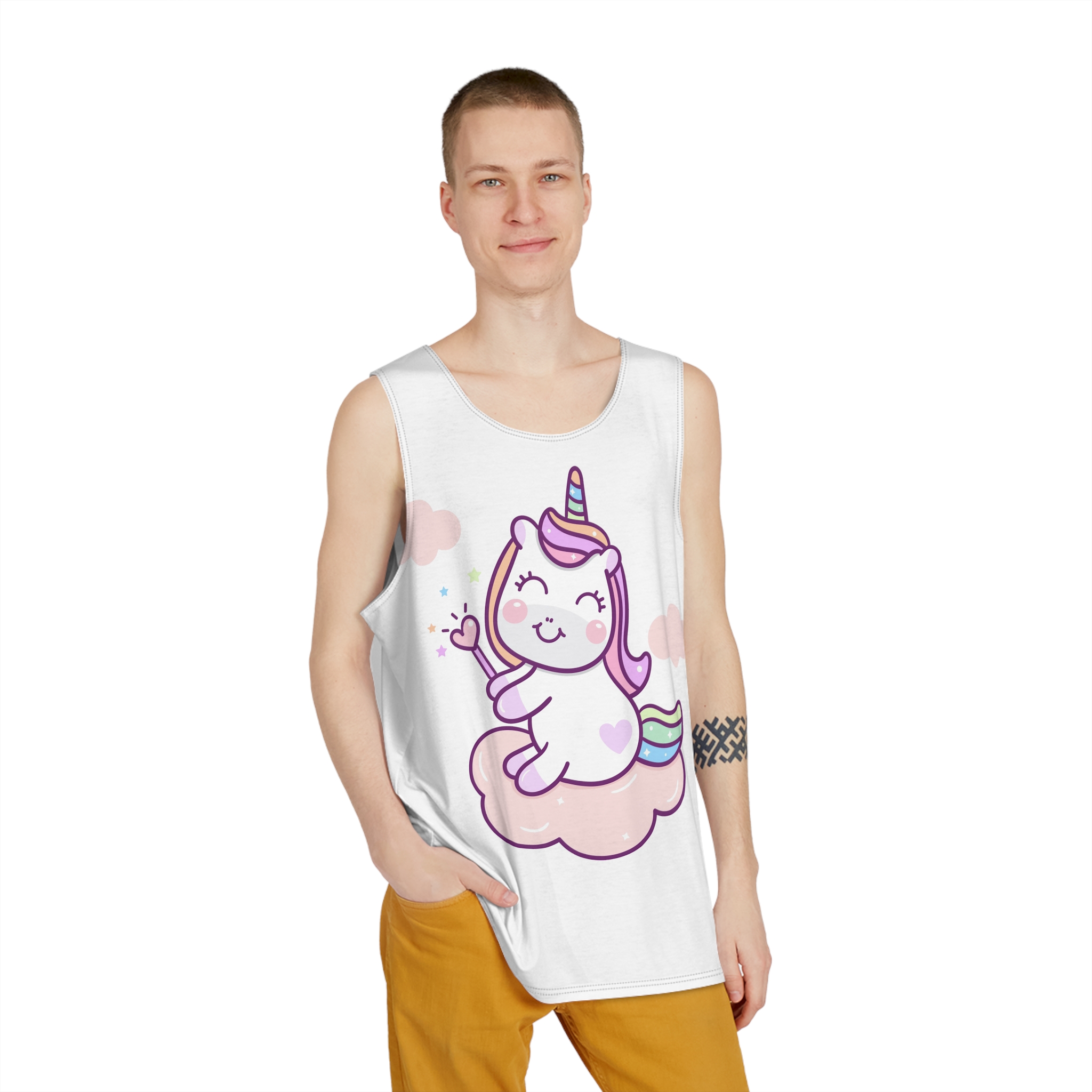 Cute Unicorn Vector Holding Heart Wand Cloud Mens Tank Aop - Image 3