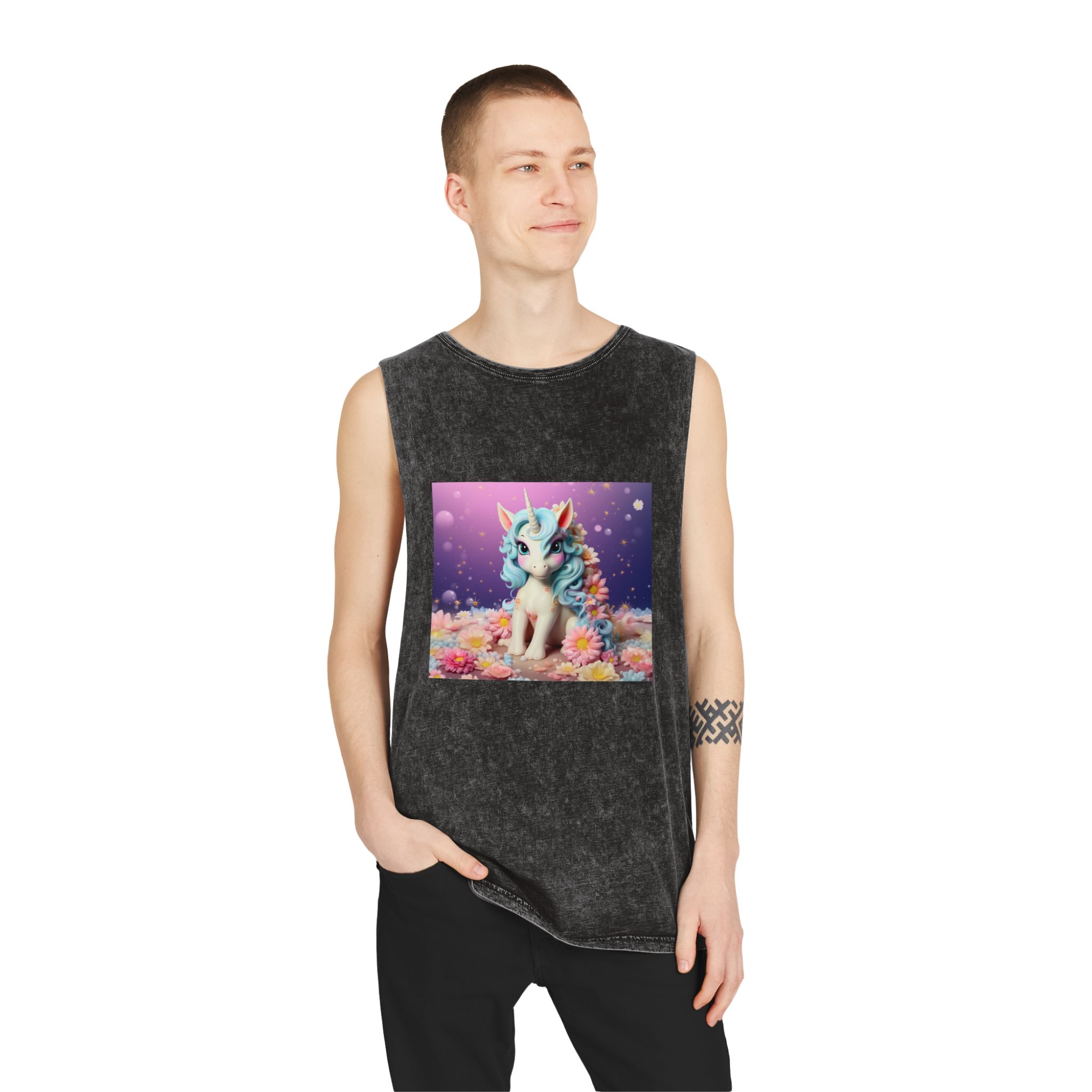 There Is White Unicorn With Blue Hair Flowers Table Generative Ai Unisex Stonewash Tank Top - Image 3