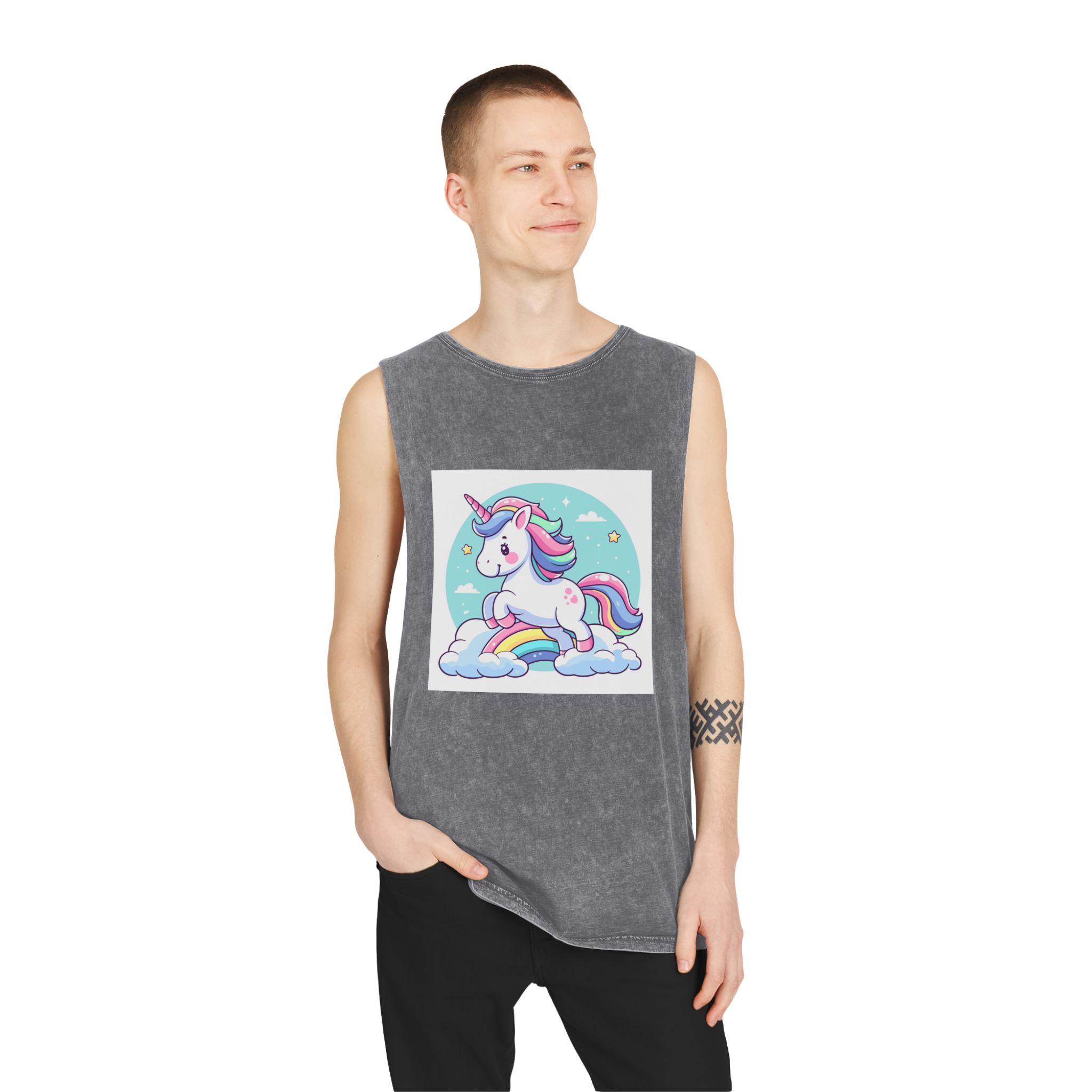 Cartoon Unicorn With Rainbow Its Tail Unisex Stonewash Tank Top - Image 11