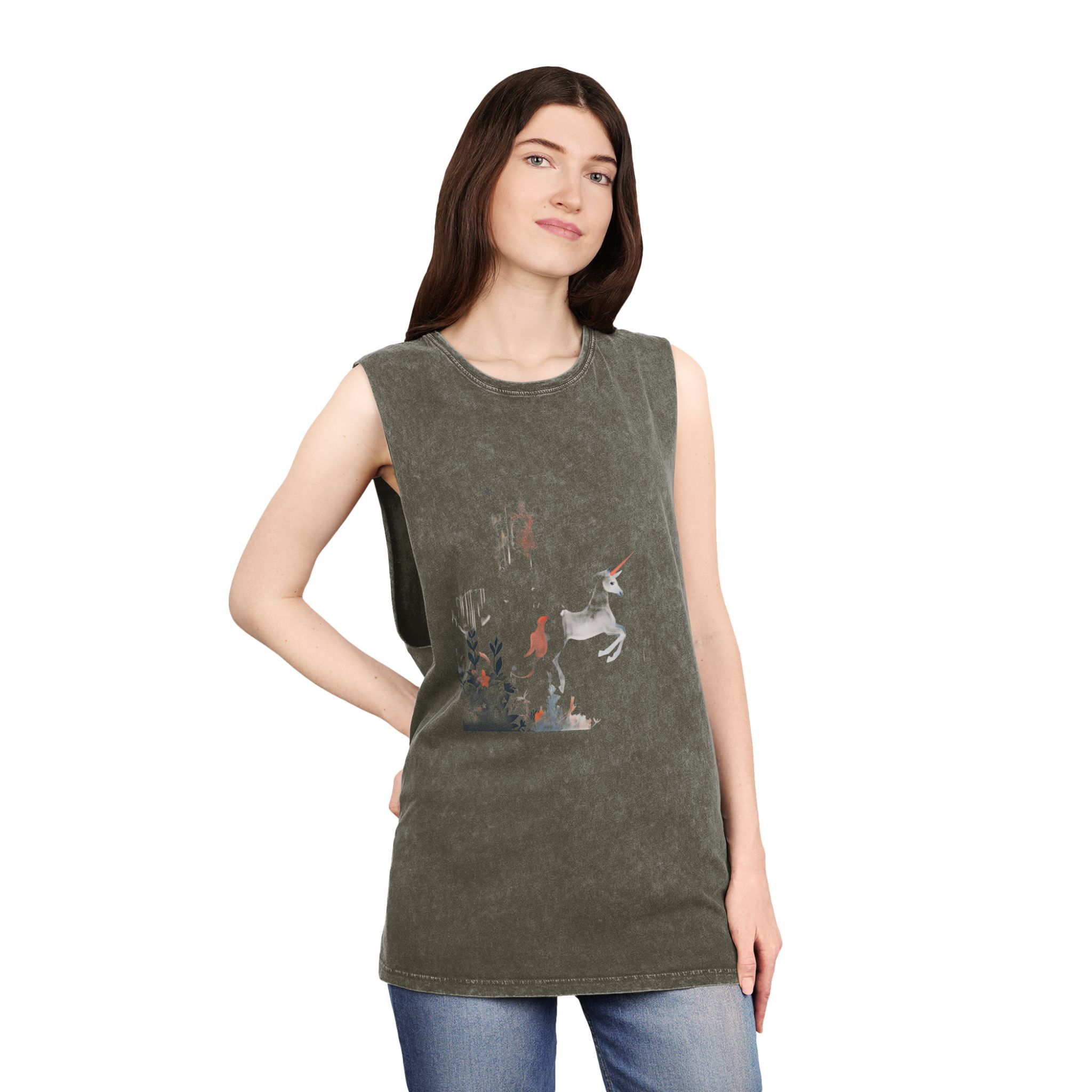 Illustration Unicorn Forest With Flowers Trees Generative Ai Unisex Stonewash Tank Top - Image 8
