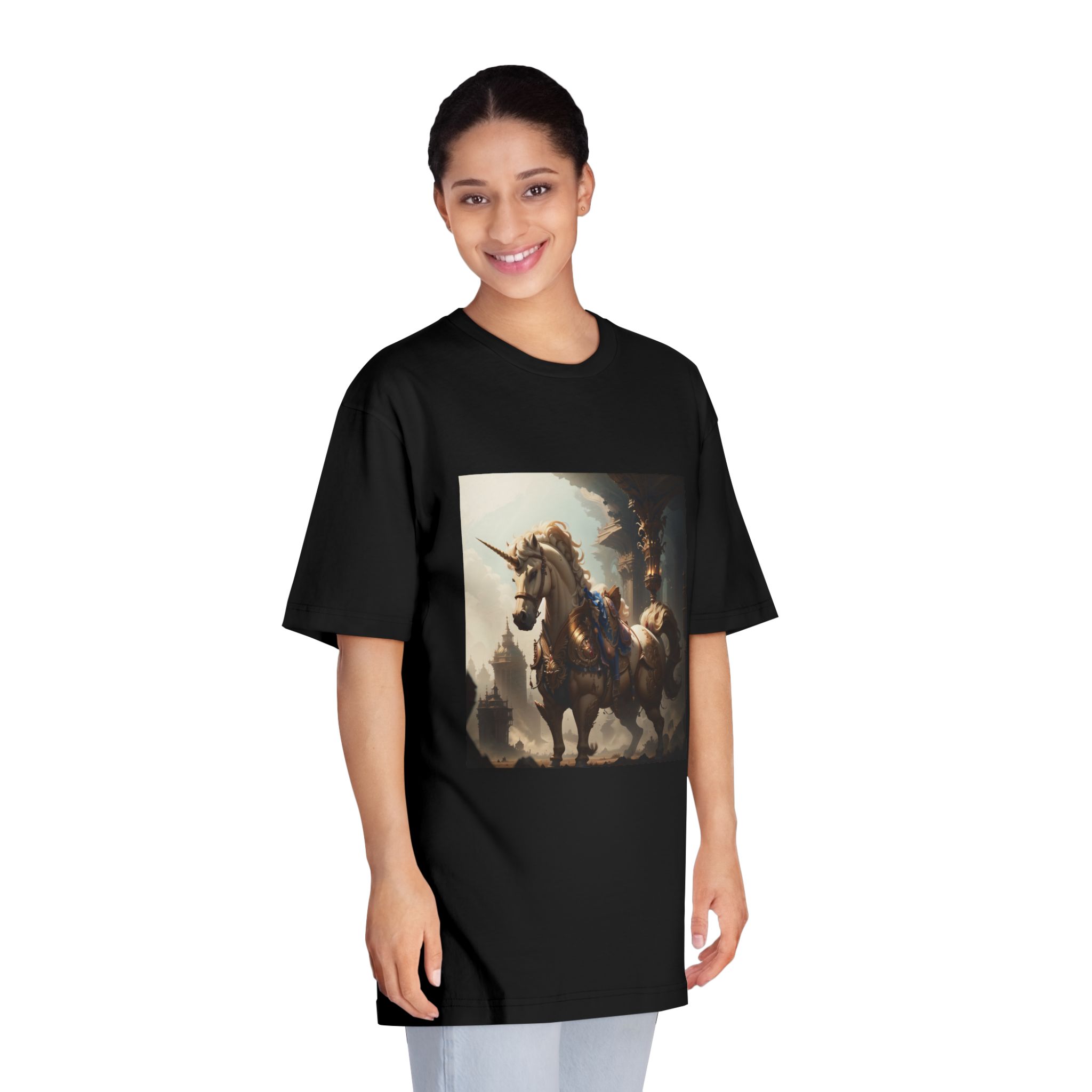 Unicorn With Sword Its Back Is Standing Front Building Unisex Classic Crewneck T Shirt - Image 7