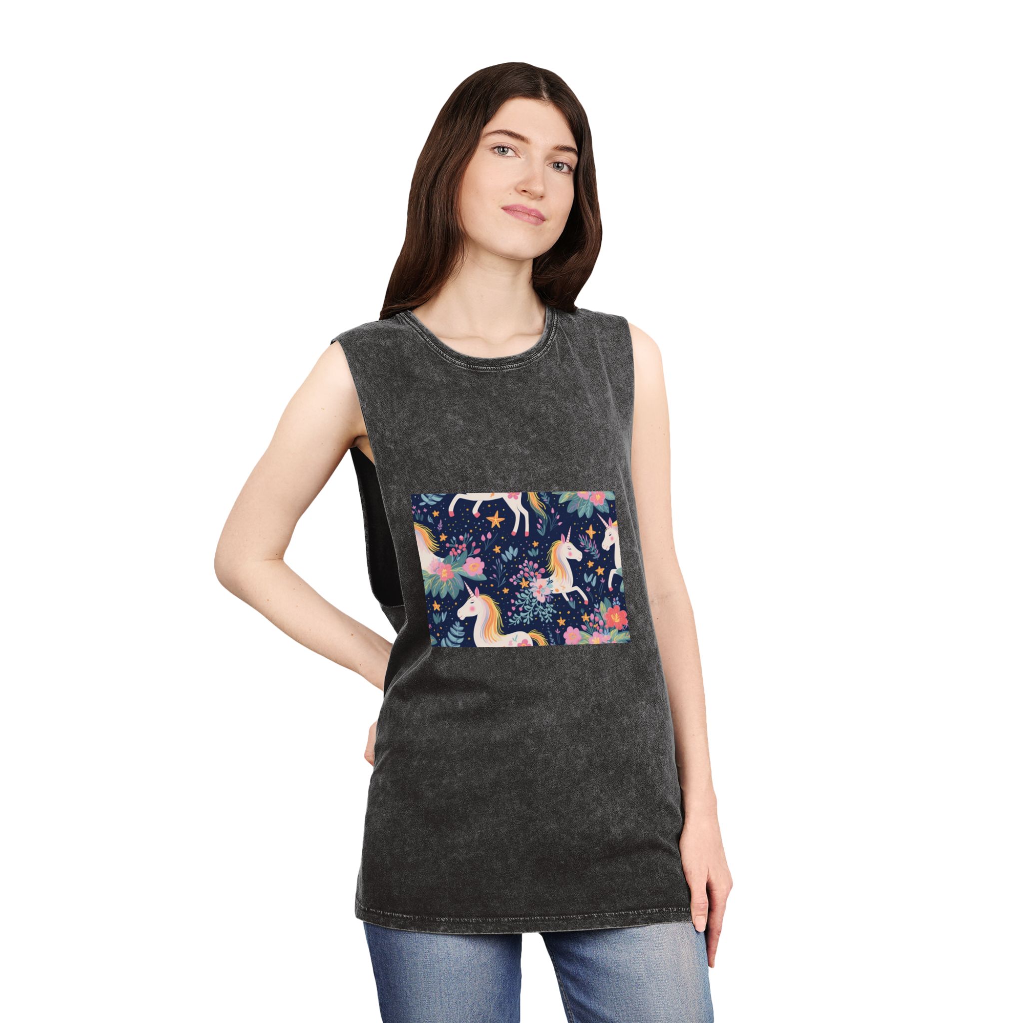 Close Up Pattern Unicorns Flowers Generative Ai Unisex Stonewash Tank Top - Image 4