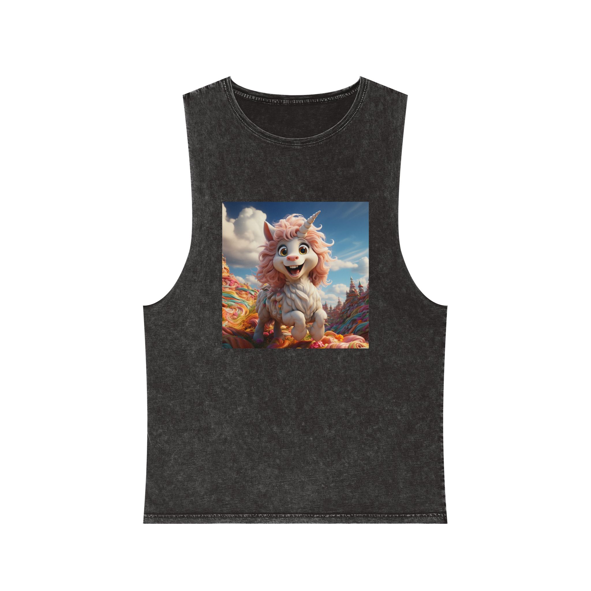 There Is Cartoon Unicorn That Is Standing Field Candy Generative Ai Unisex Stonewash Tank Top
