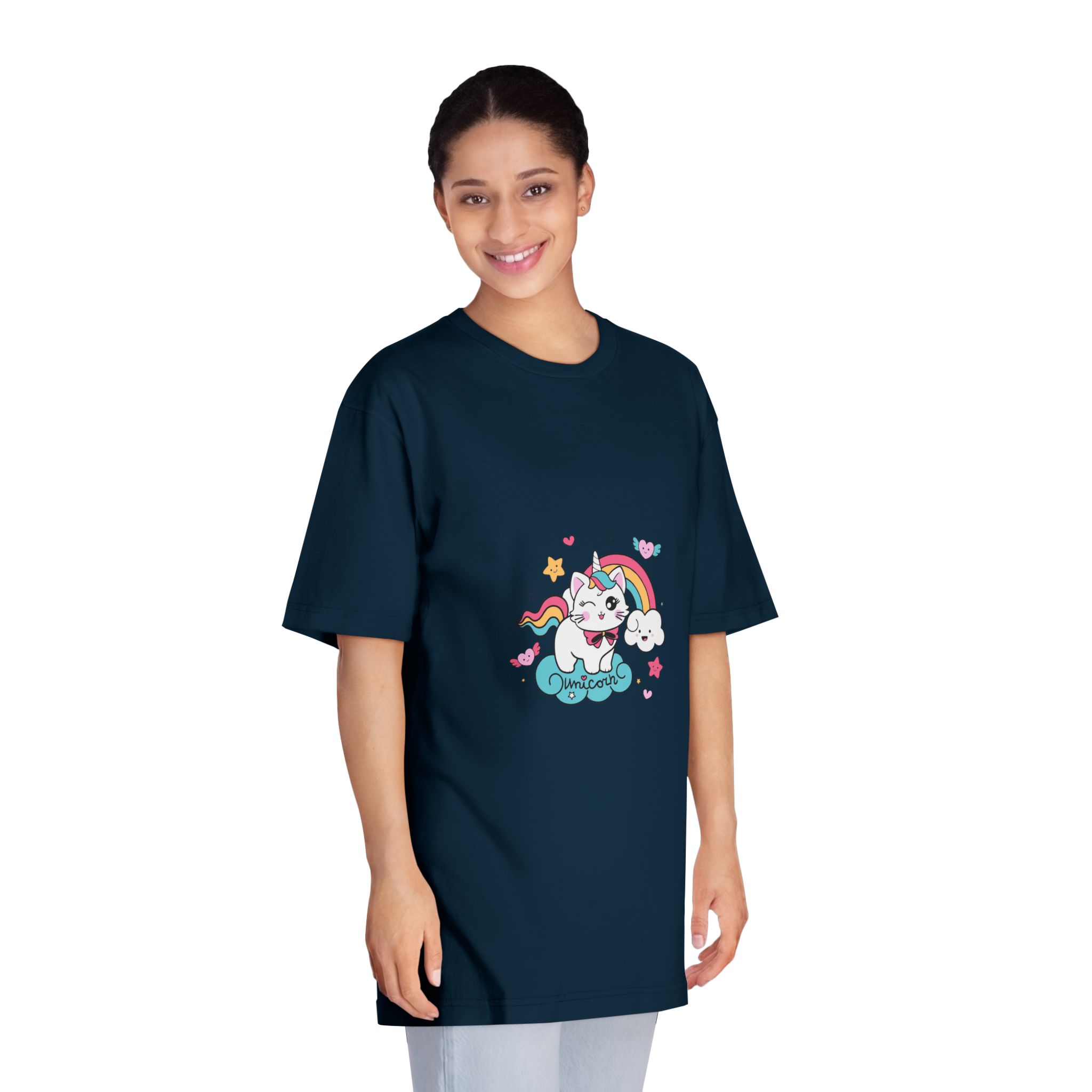 Cute Unicorn Cat With Rainbow Clouds Illustration Unisex Classic Crewneck T Shirt - Image 19