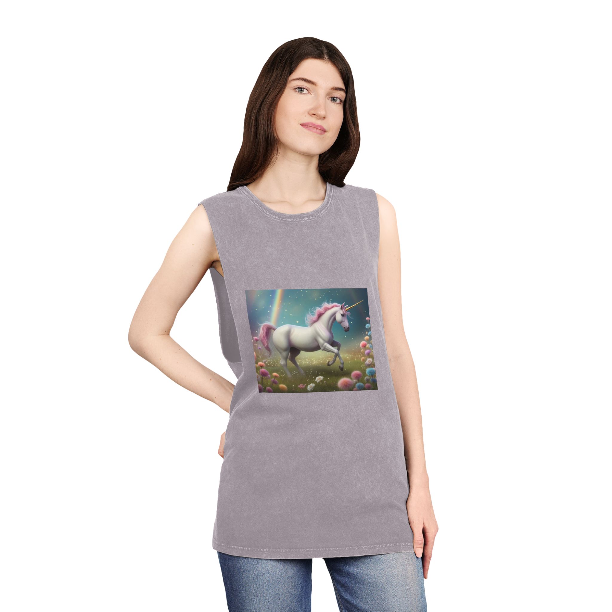 Beautiful Unicorn Running Magical Meadow Unicorn Background Images Whimsical Unicorn (15) Unisex Stonewash Tank Top - Image 20