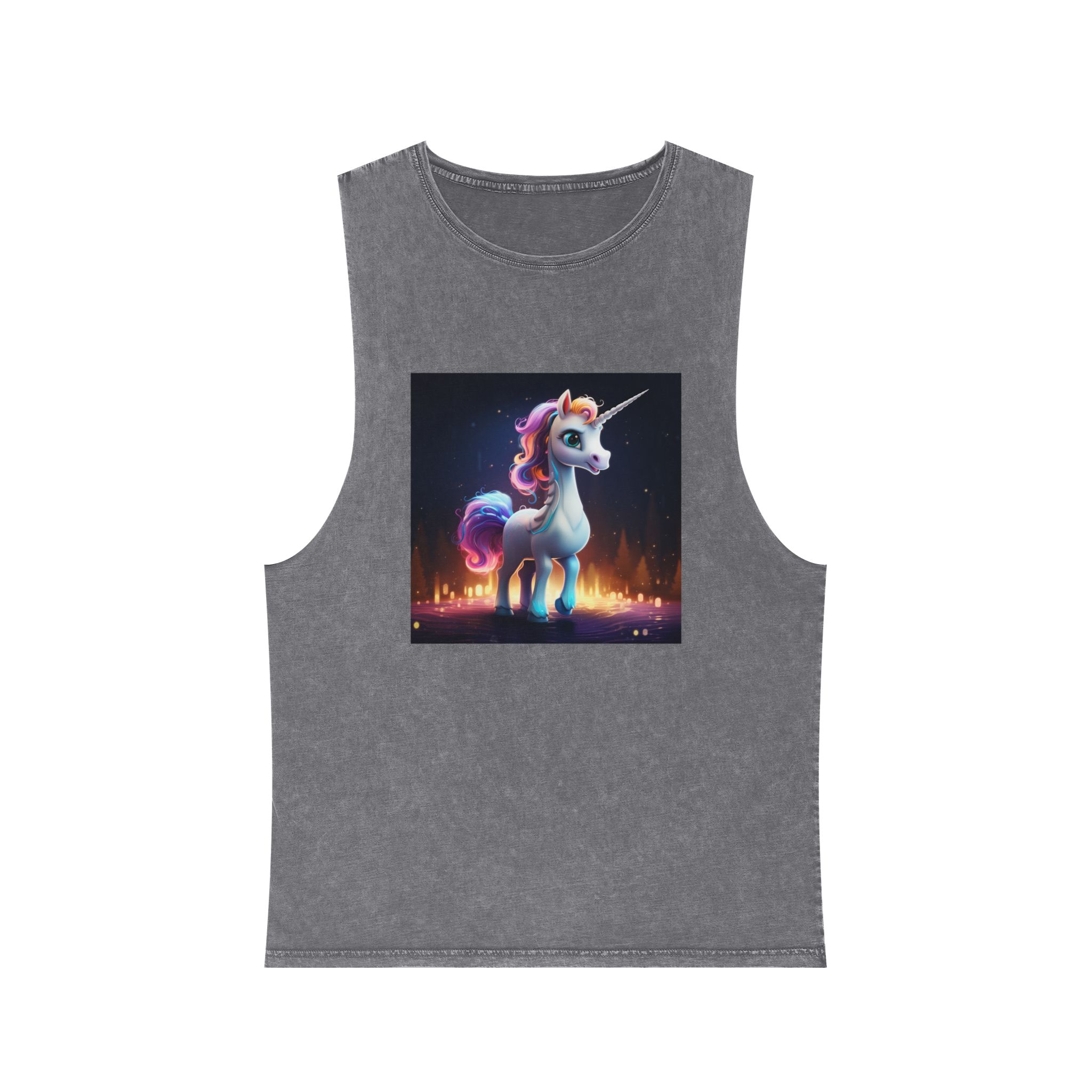 Unicorn Standing Wooden Platform With City Background Generative Ai Unisex Stonewash Tank Top - Image 9