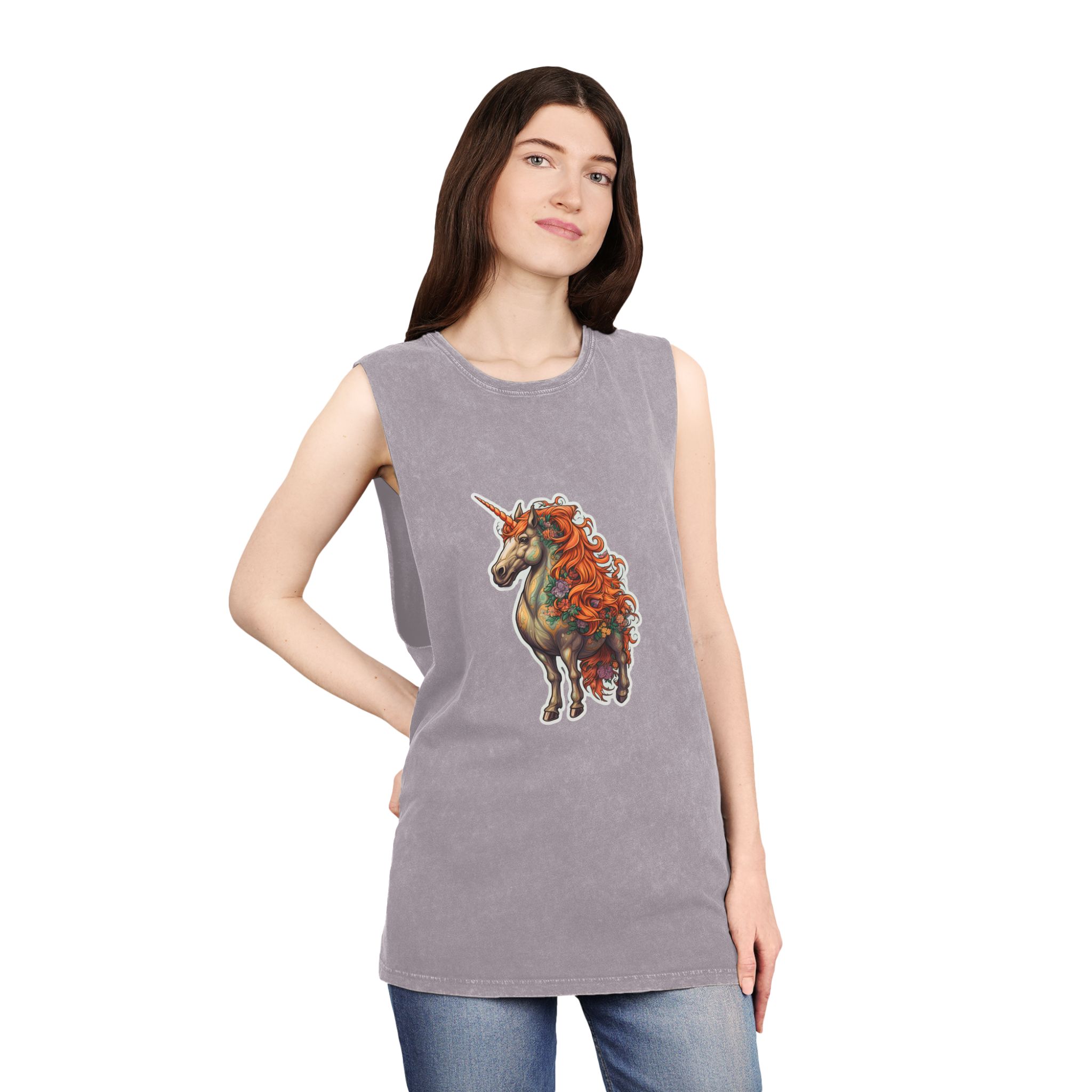Drawing Unicorn With Flowers Picture Unicorn Unisex Stonewash Tank Top - Image 20