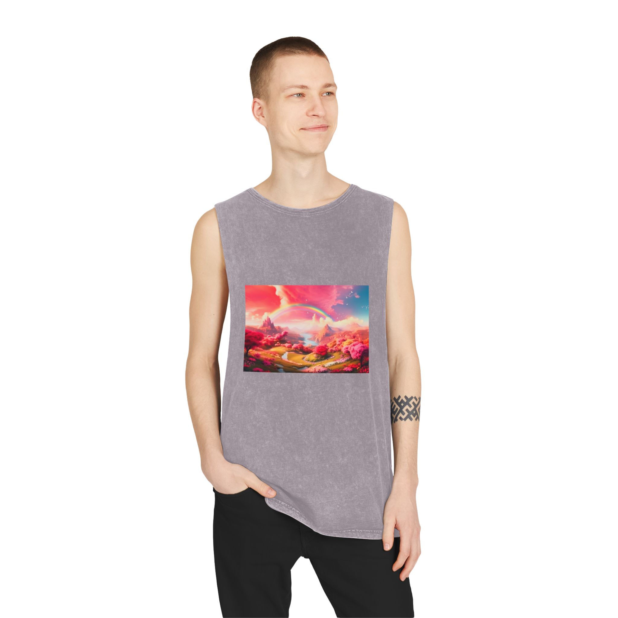 Pink Spring Garden Fairy Land Background Clouds With Rainbow Animation Unisex Stonewash Tank Top - Image 19