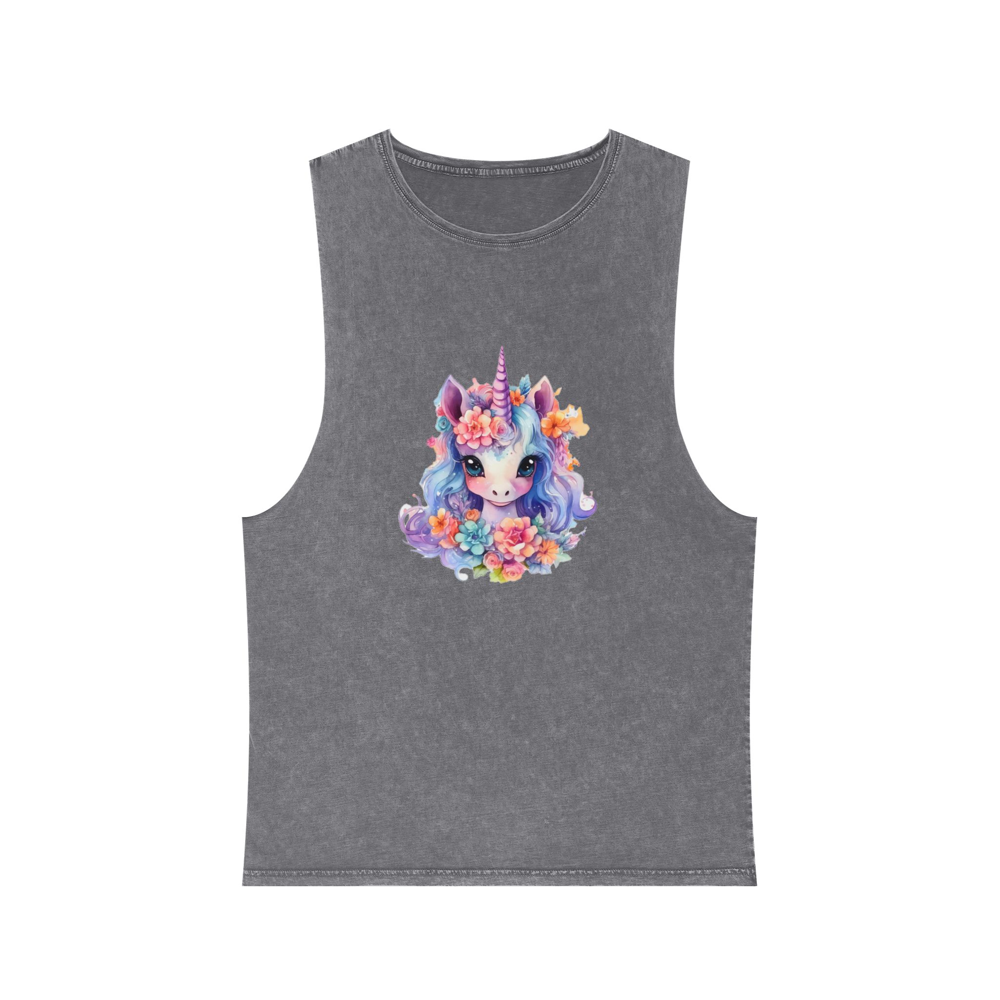 Cute Colorful Magic Unicorn With Flowers Watercolor Style (9) Unisex Stonewash Tank Top - Image 9