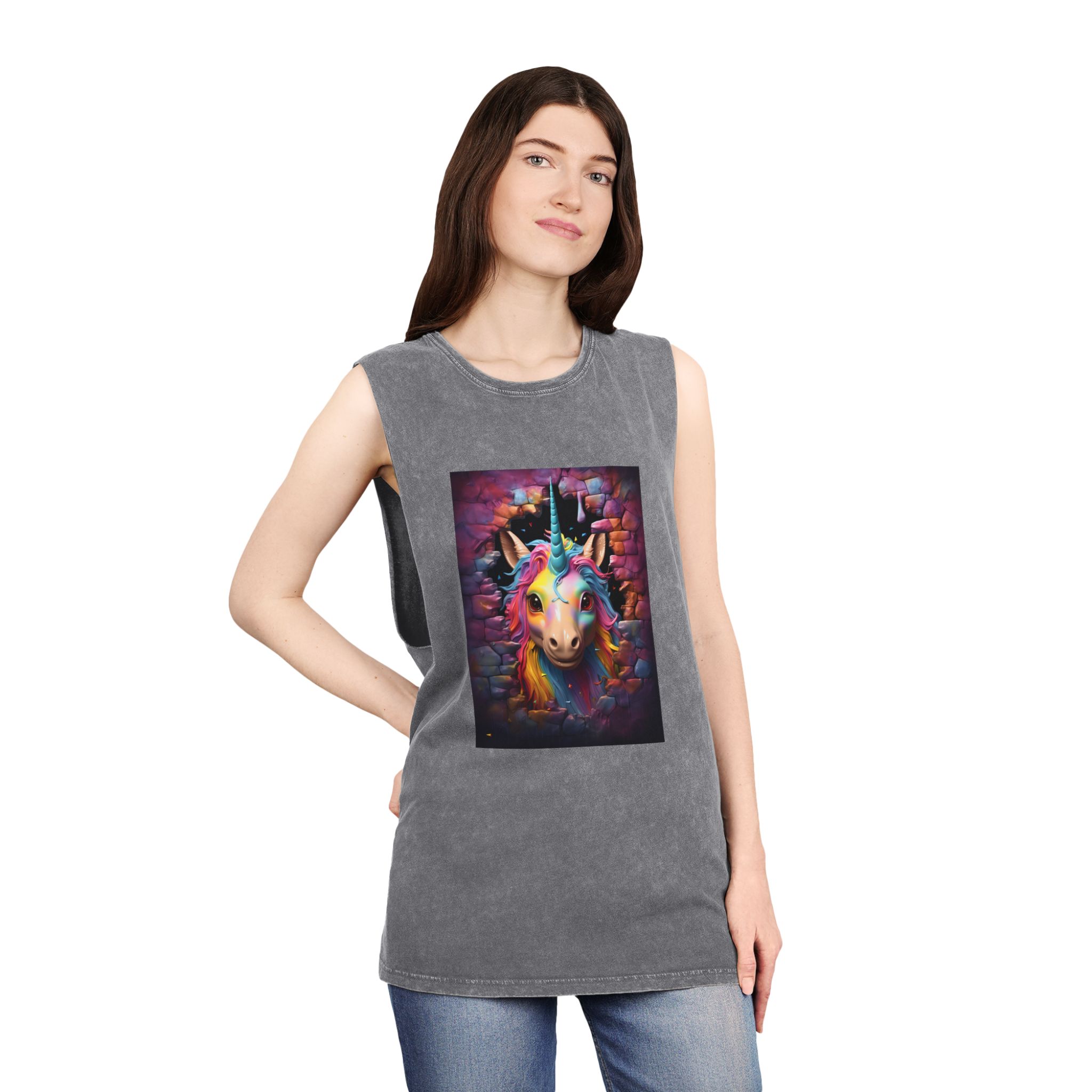 Cute Unicorn Cartoon Looking Through Wall Poster Illustration Kids Unisex Stonewash Tank Top - Image 12