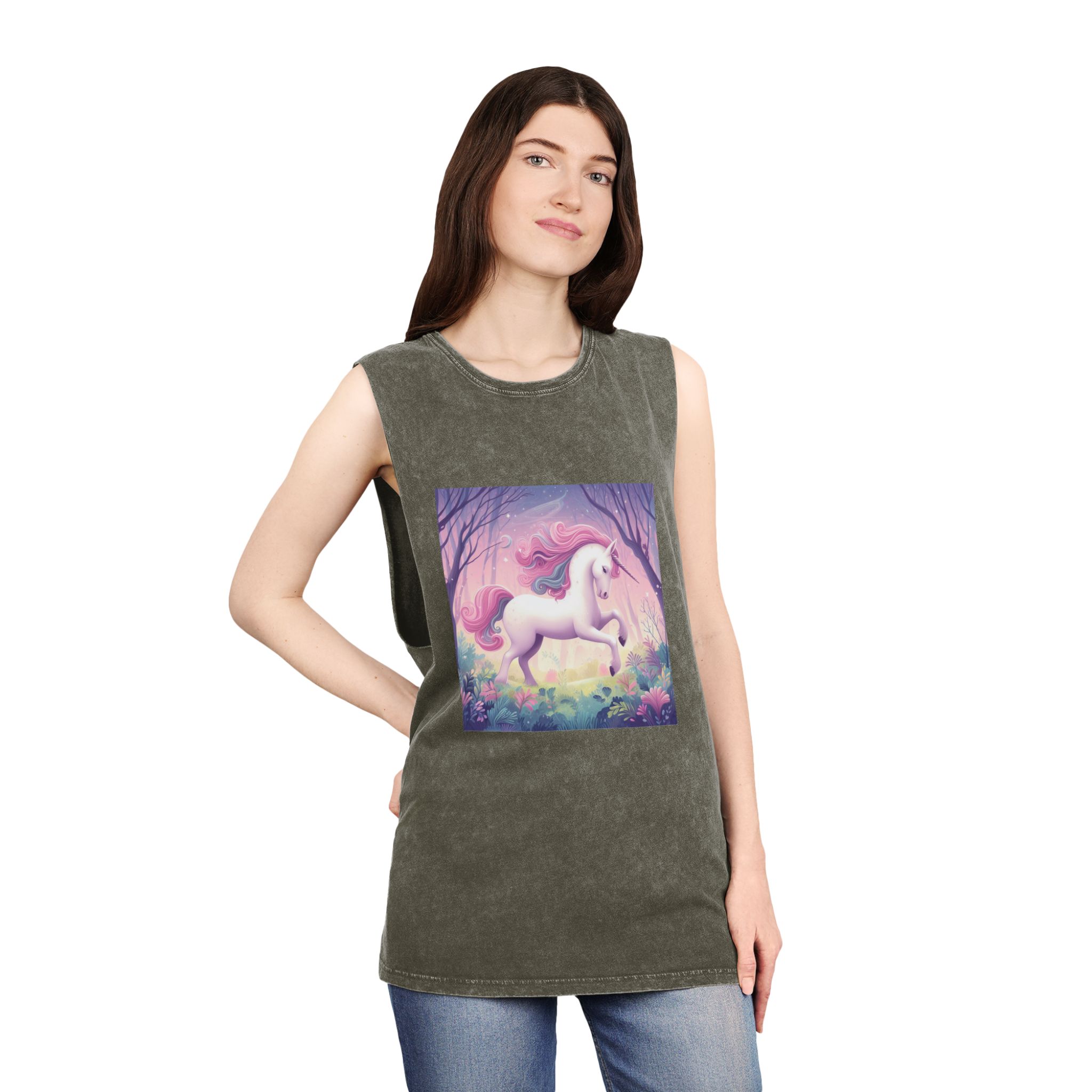 Beautiful Unicorn Running Magical Meadow Unicorn Background Images Whimsical Unicorn (25) Unisex Stonewash Tank Top - Image 8