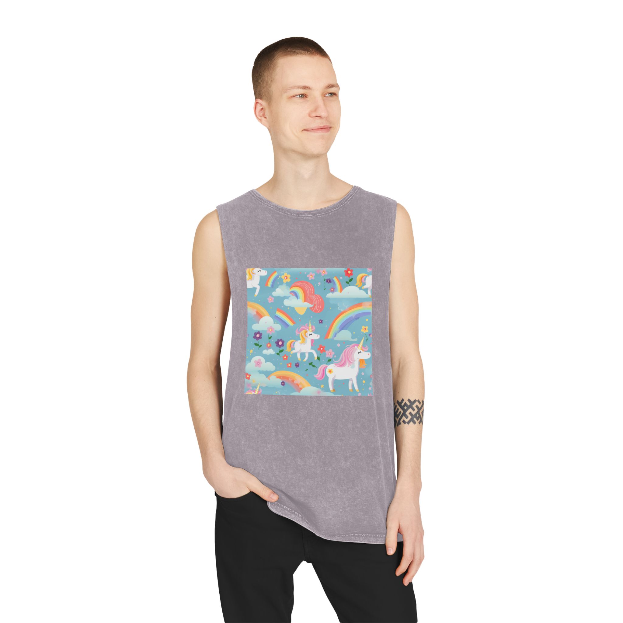 Playful Unicorns Among Flowers Clouds Rainbows Ice Creams Pastel Background (9) Unisex Stonewash Tank Top - Image 19