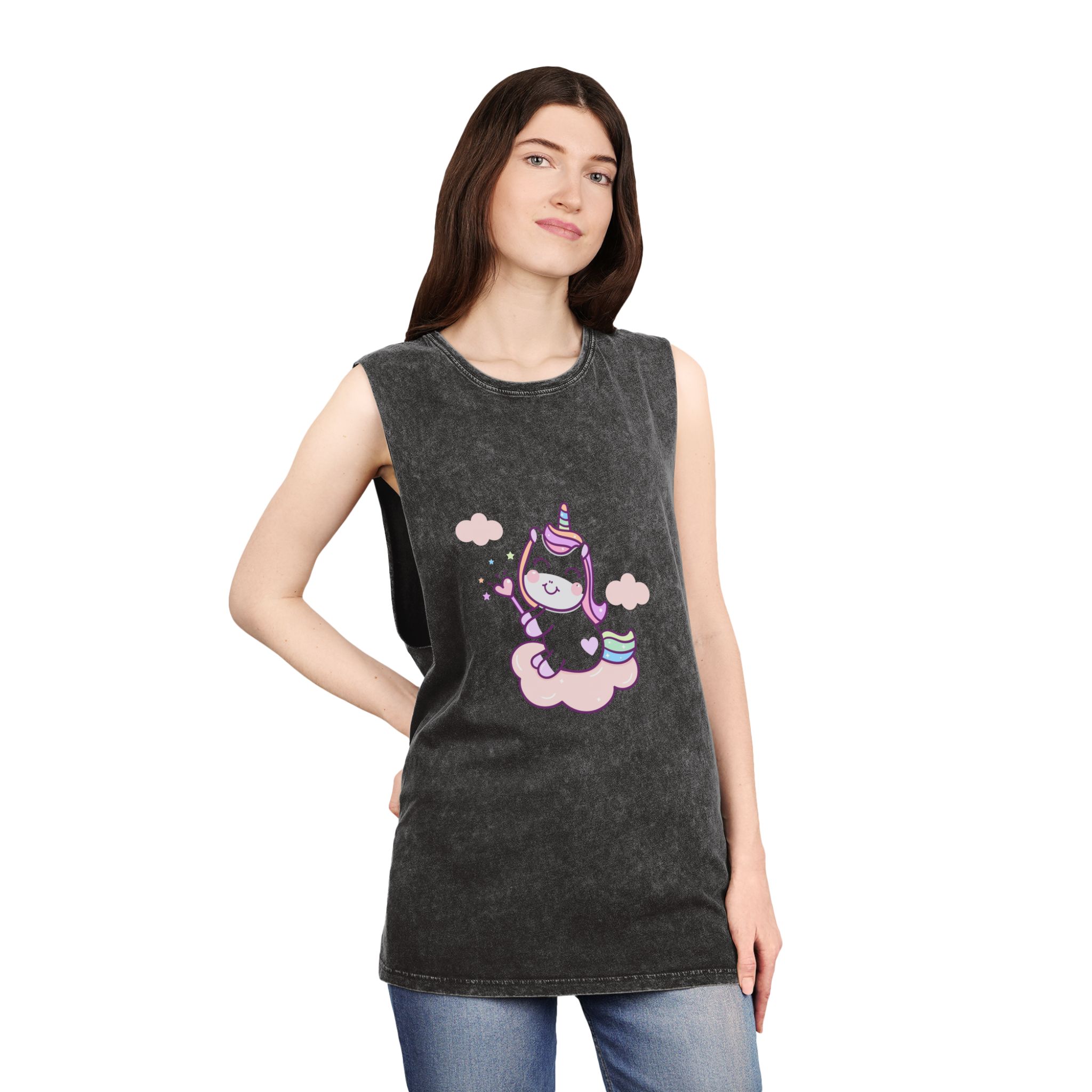 Cute Unicorn Vector Holding Heart Wand Cloud Unisex Stonewash Tank Top - Image 4