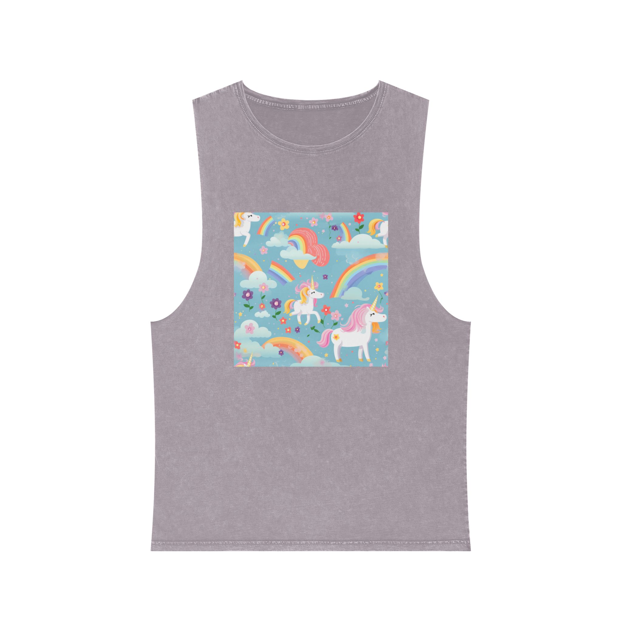 Playful Unicorns Among Flowers Clouds Rainbows Ice Creams Pastel Background (9) Unisex Stonewash Tank Top - Image 17