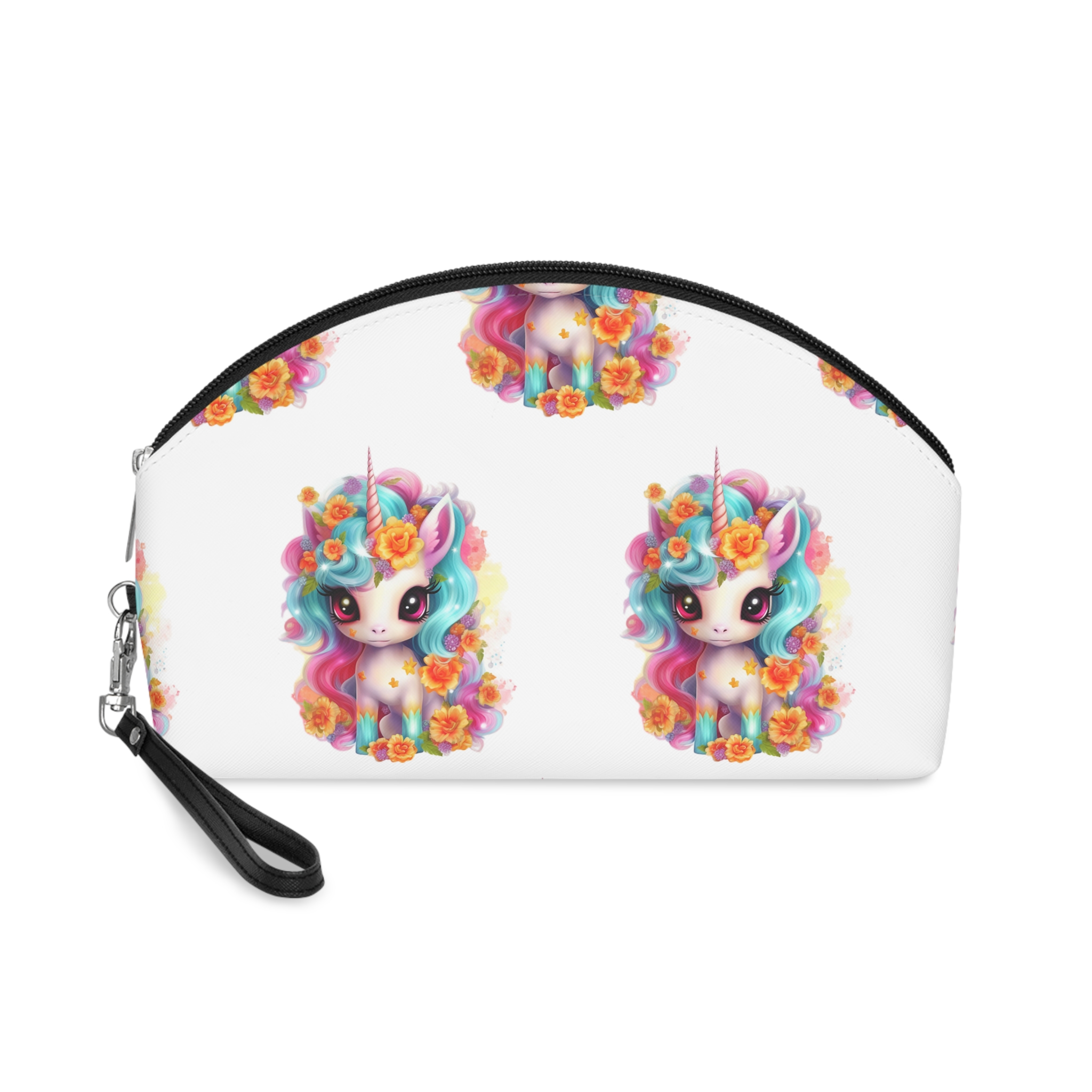 Illustration Unicorn Cartoon With Flower White Background Generative Ai (2) Makeup Bag