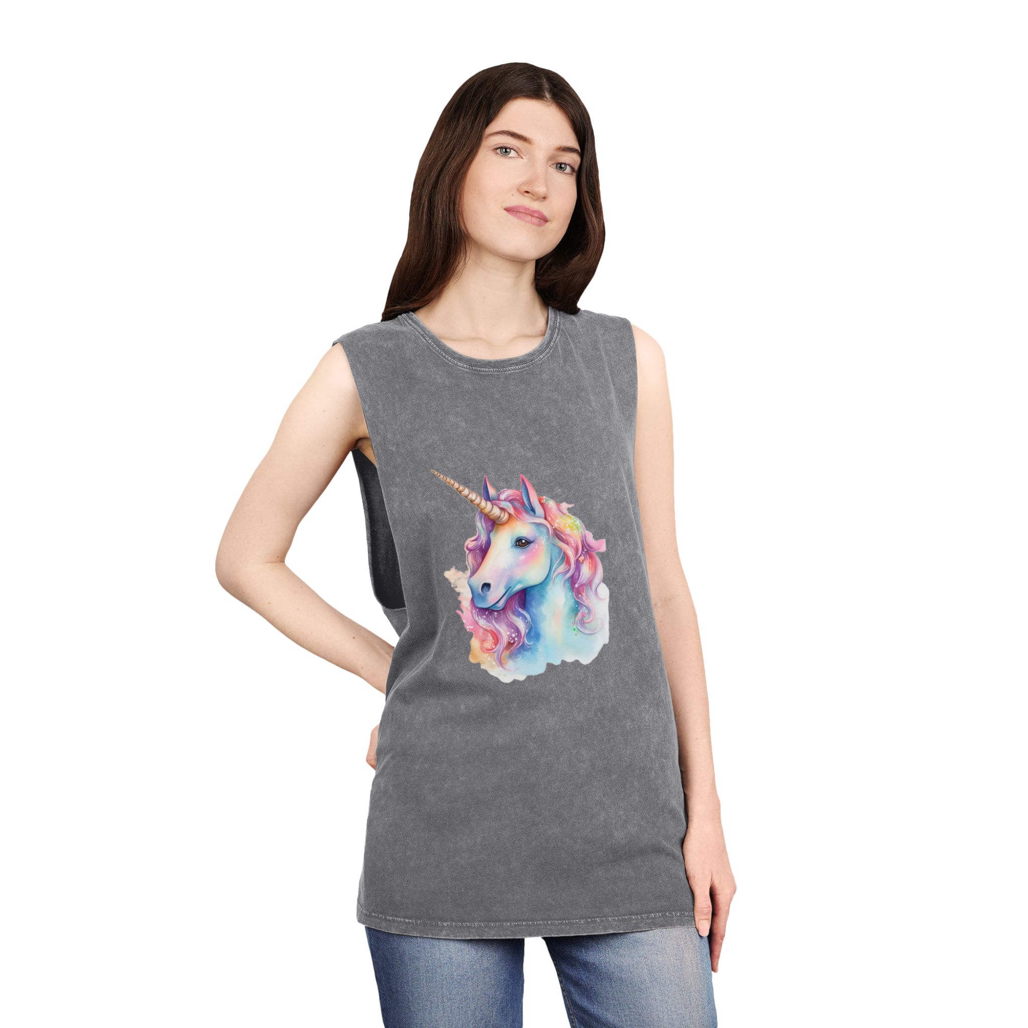 Painting Unicorn With Long Mane Colorful Mane Generative Ai Unisex Stonewash Tank Top - Image 12