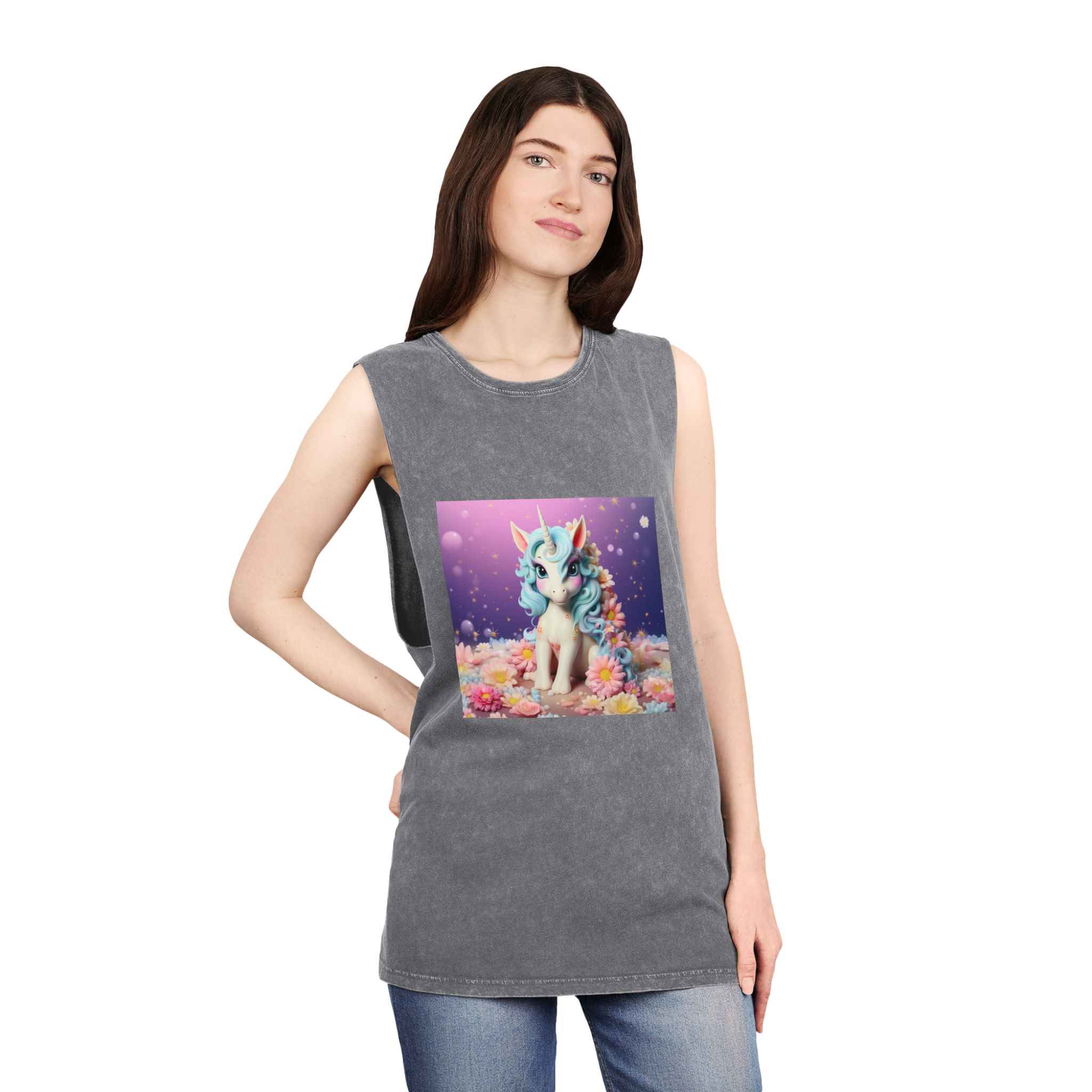 There Is White Unicorn With Blue Hair Flowers Table Generative Ai Unisex Stonewash Tank Top - Image 12