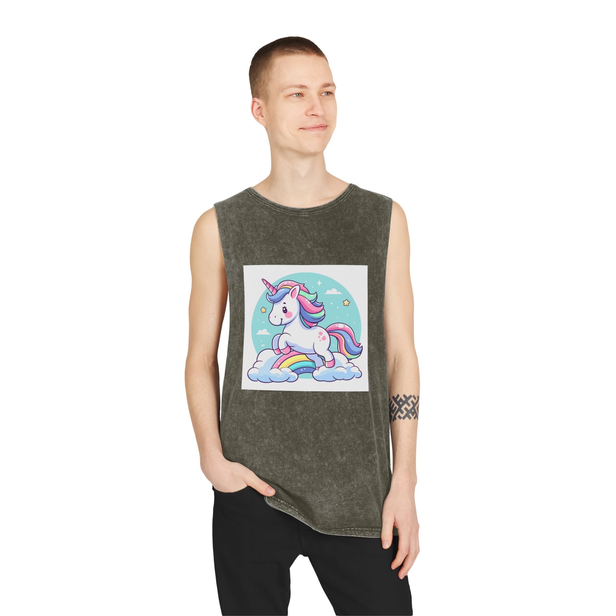 Cartoon Unicorn With Rainbow Its Tail Unisex Stonewash Tank Top - Image 7