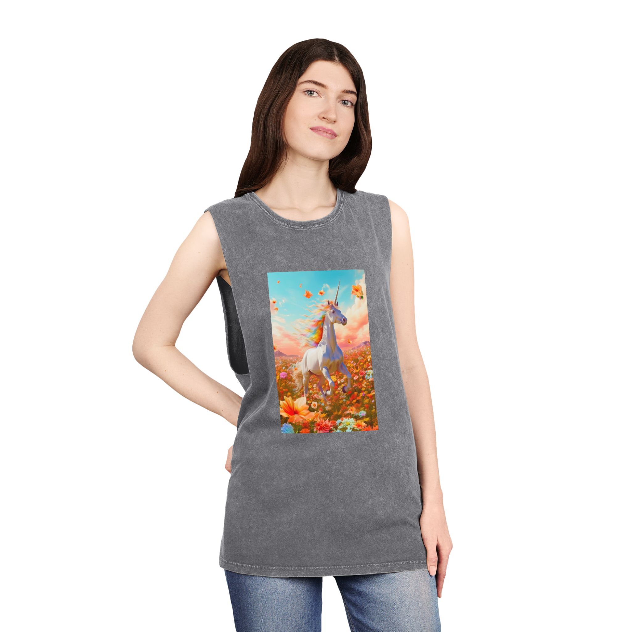 Image White Unicorn Running Through Field Wildflowers Generative Ai Unisex Stonewash Tank Top - Image 12