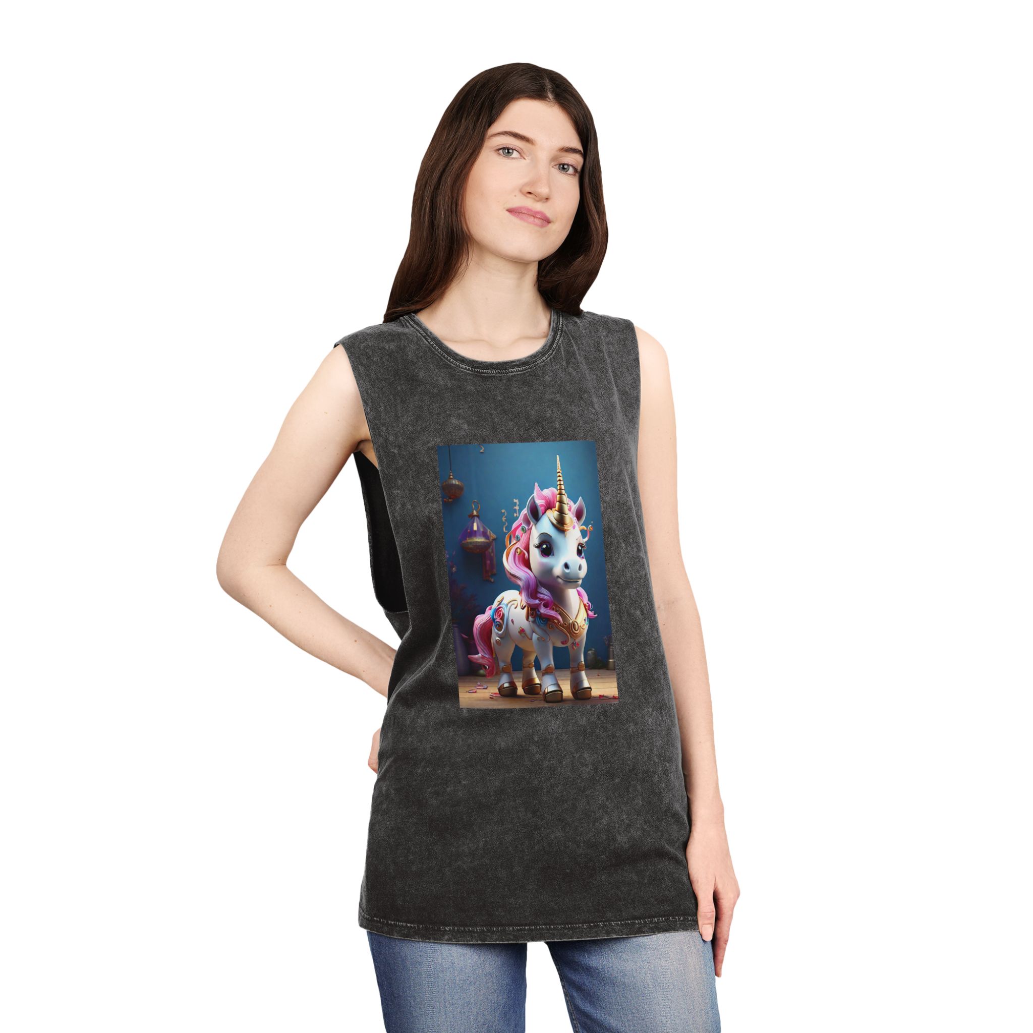 Animated Unicorn Children Generated By Ai (17) Unisex Stonewash Tank Top - Image 4